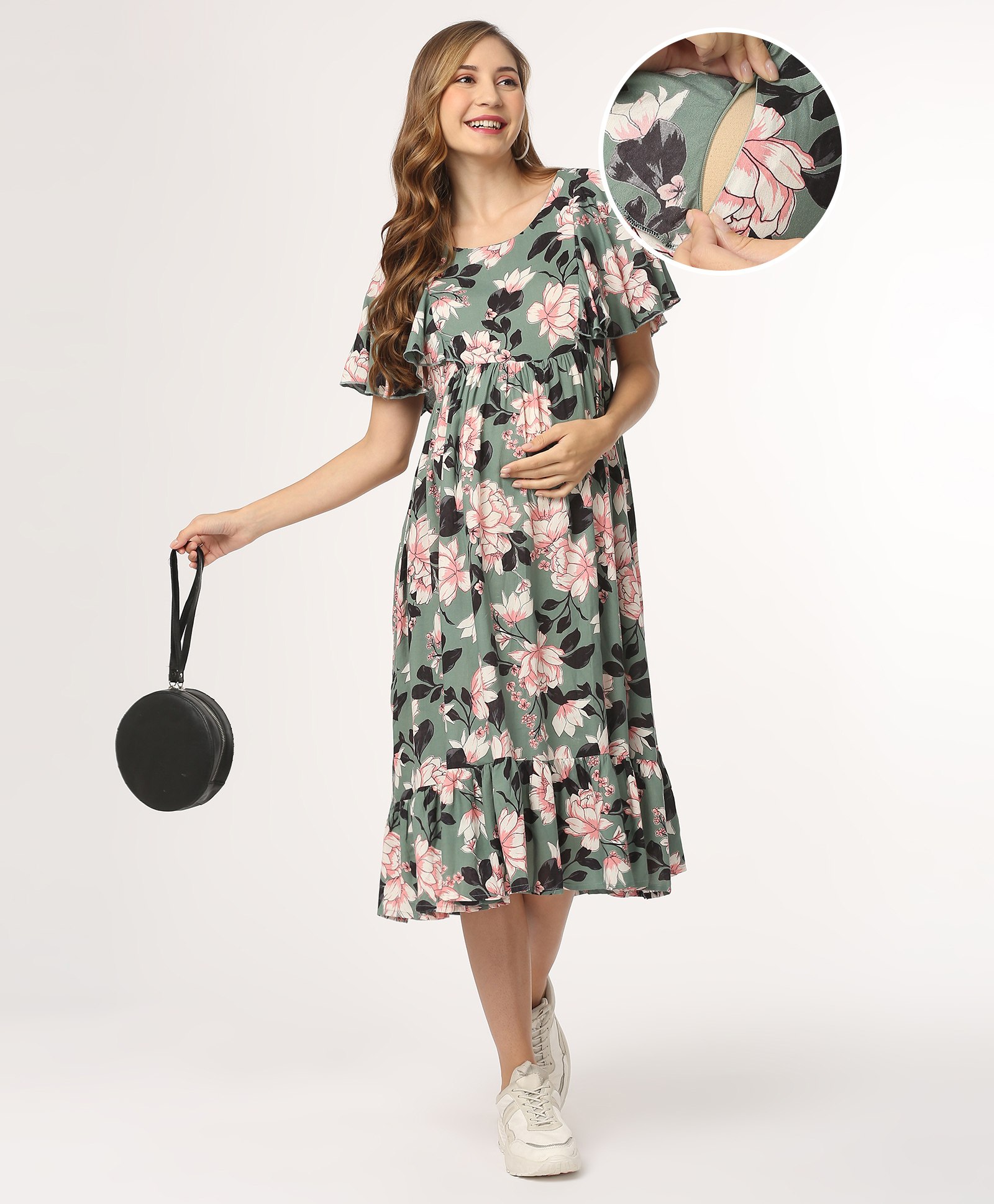 Bella Mama Woven Floral Print Flutter Sleeve Maternity Dress with Pocket - Green-picture-36
