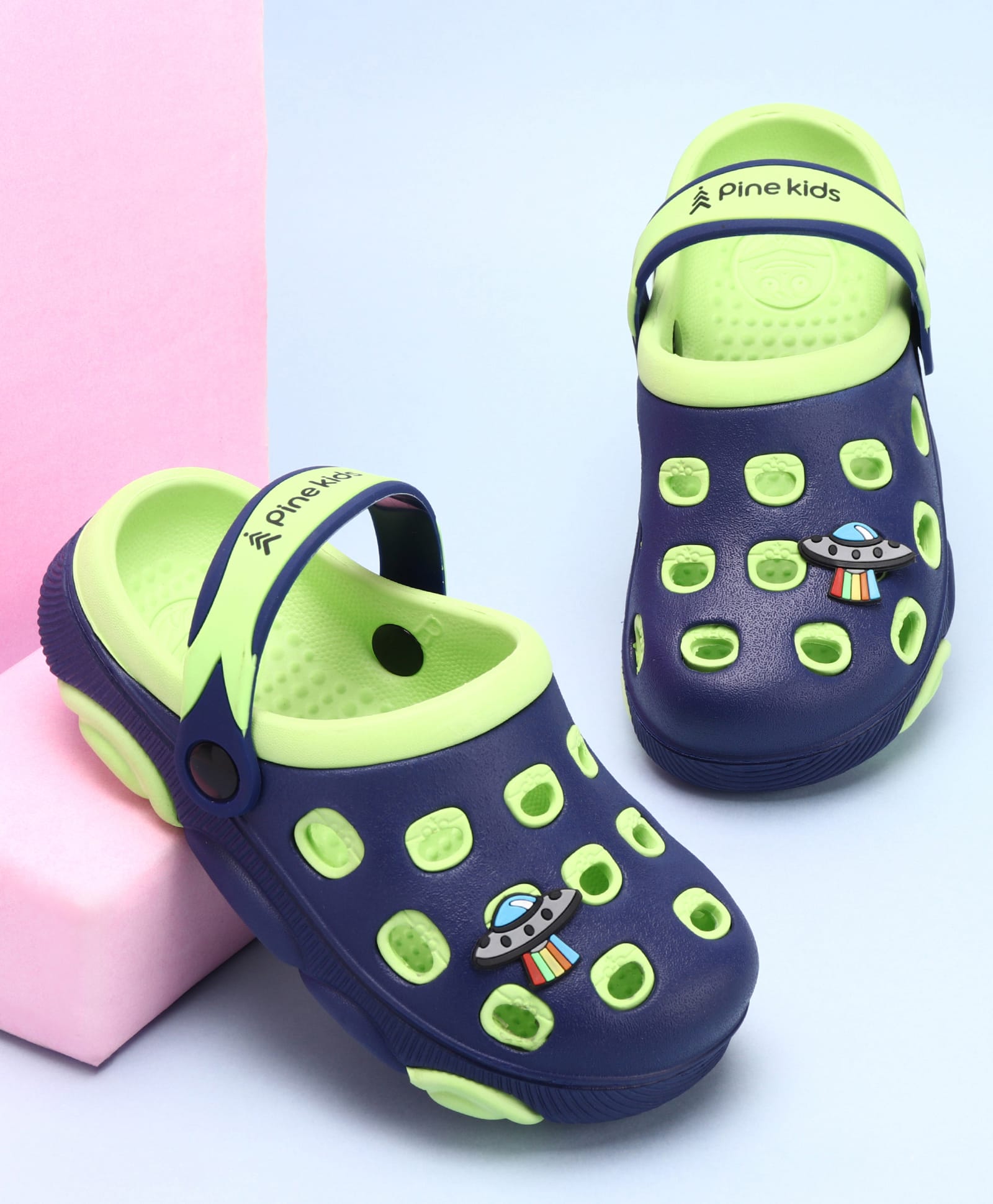 Pine Kids Clogs with Back Strap Closure & UFO Applique- Green & Navy Blue-picture-21
