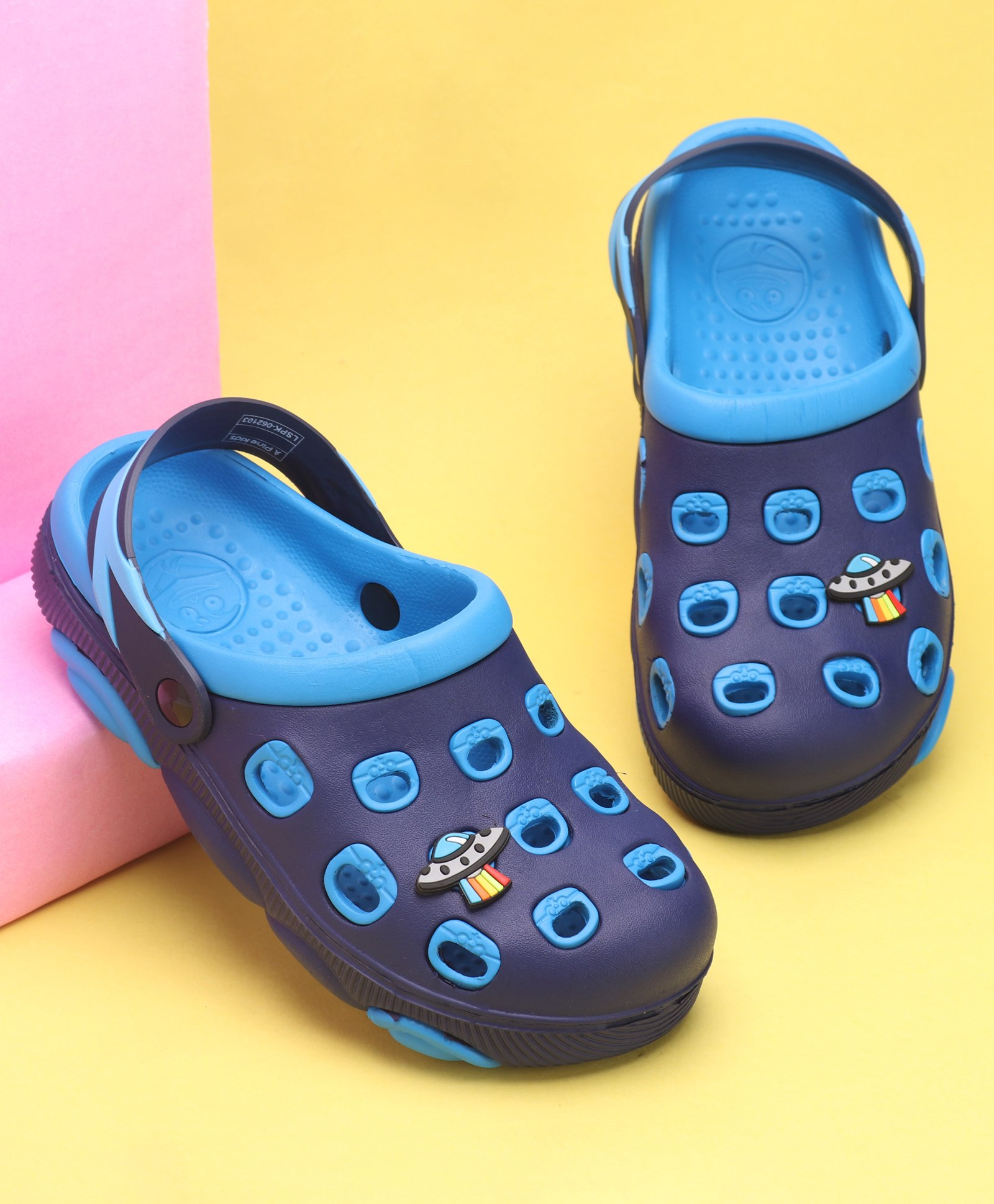 Pine Kids Clogs with Back Strap Closure & UFO Applique- Sky Blue &  Blue-image-43