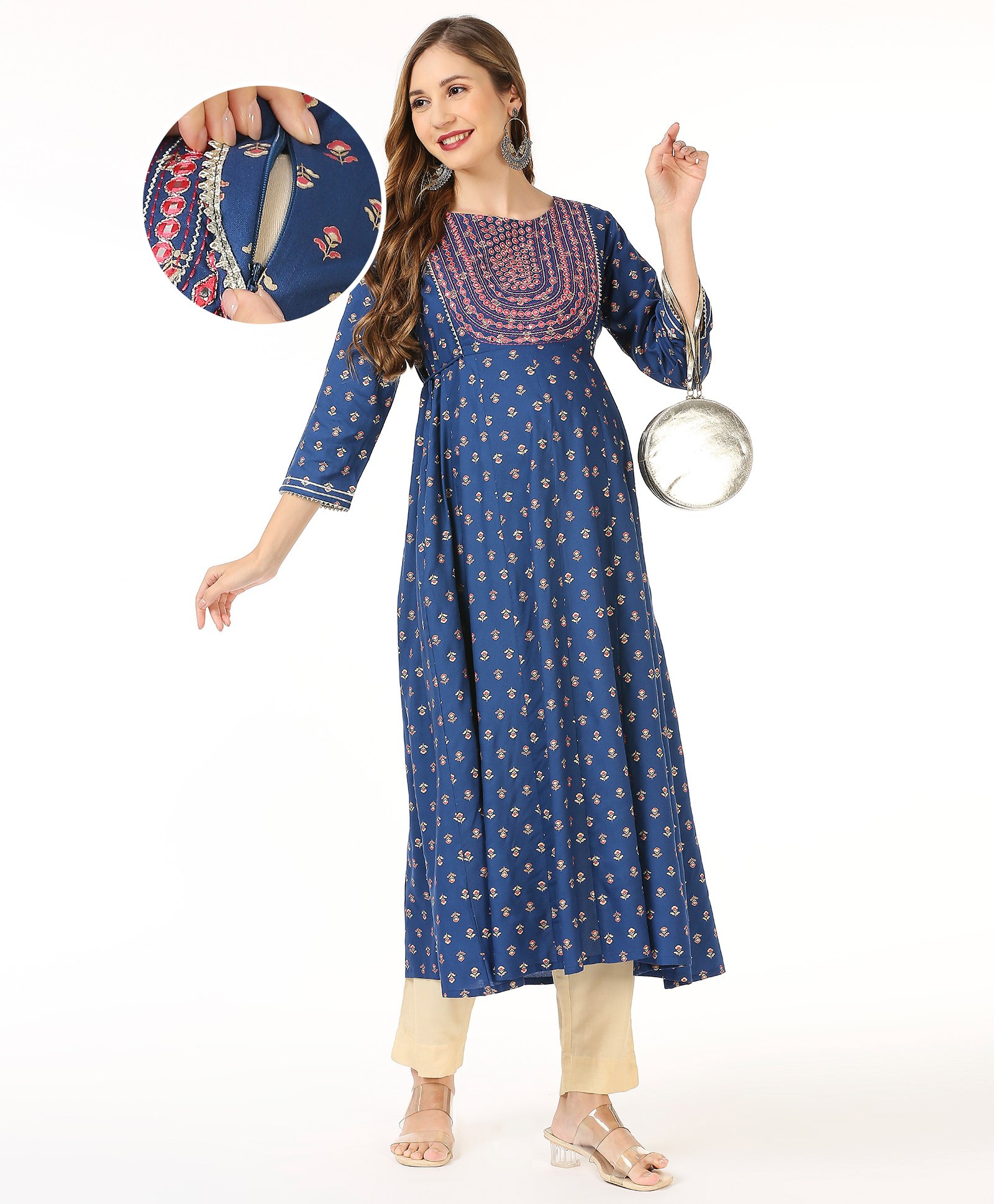 Bella Mama Woven Three Fourth Sleeves All Over Gold Print With Embroidered Yoke Maternity Kurta - Blue-image-48