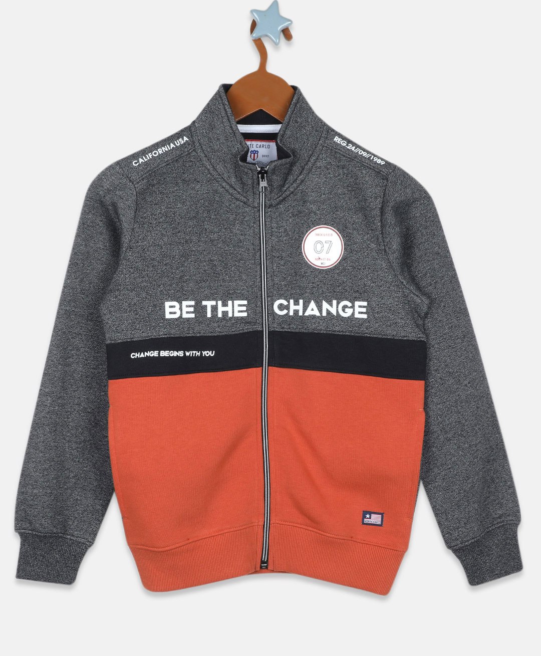 Monte Carlo Full Sleeves Be The Change Text Printed Colour Block Jacket - Grey Melange & Rust-picture-19