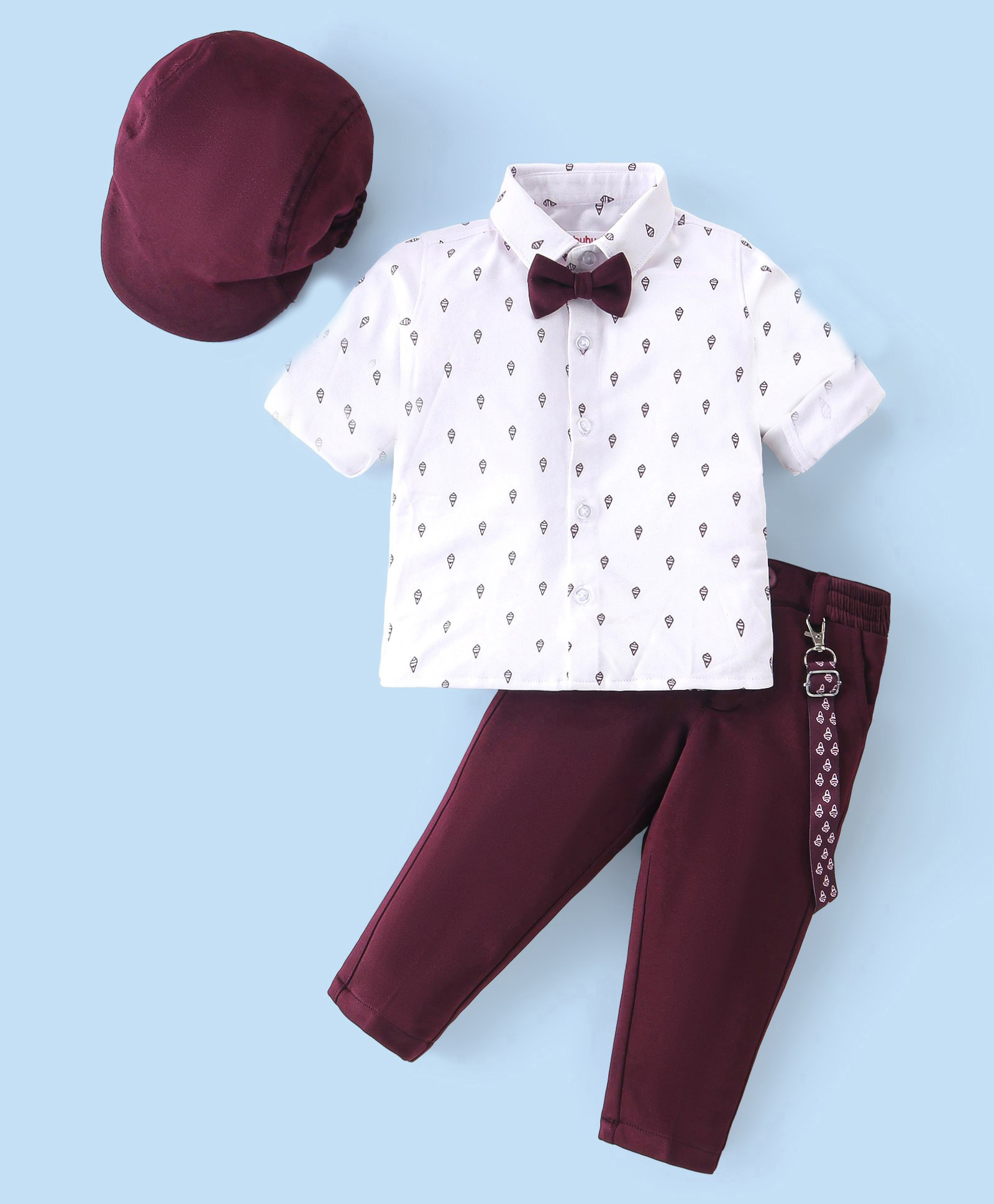 Babyhug Woven Full Sleeves Party Wear Shirt & Pant Set With Bow & Suspender Ice Cream Print - White & Maroon-image-41