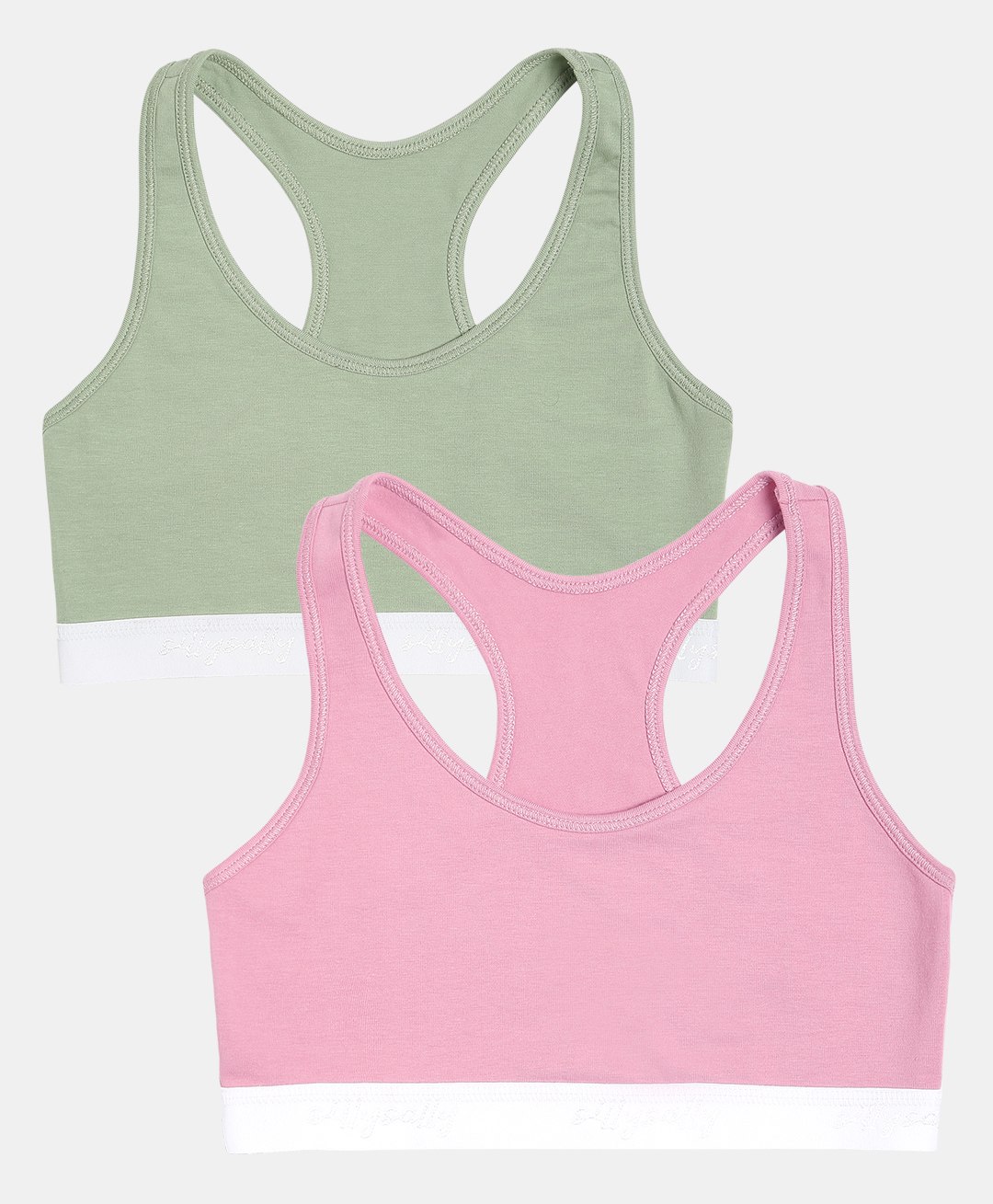 Sillysally Pack Of 2 Solid Non Padded & Non Wired Racer Back Training Bras - Green & Pink-picture-17