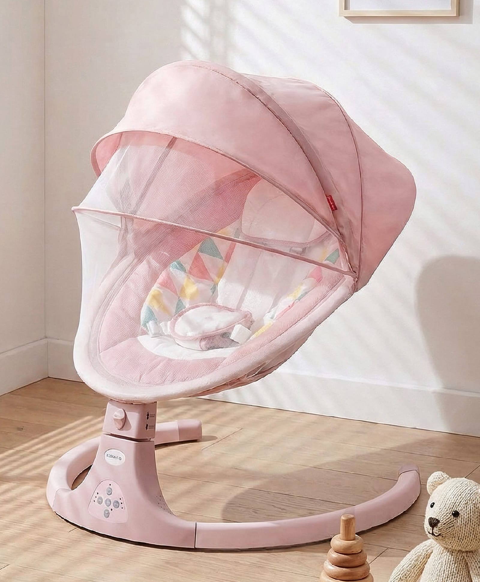 Babyhug Electric Rocker with Mosquito Net Baby Swing Cradle & 5 Modes of Speed Safety Belt Soothing Vibrations & Music- Pink