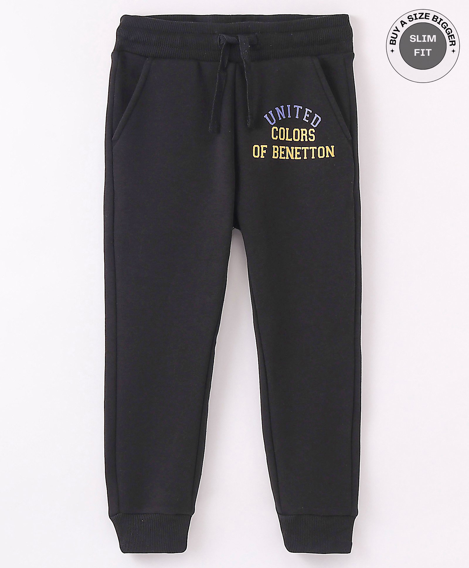 UCB Knit Full Length Lounge Pants Solid Colour Text Print- Black