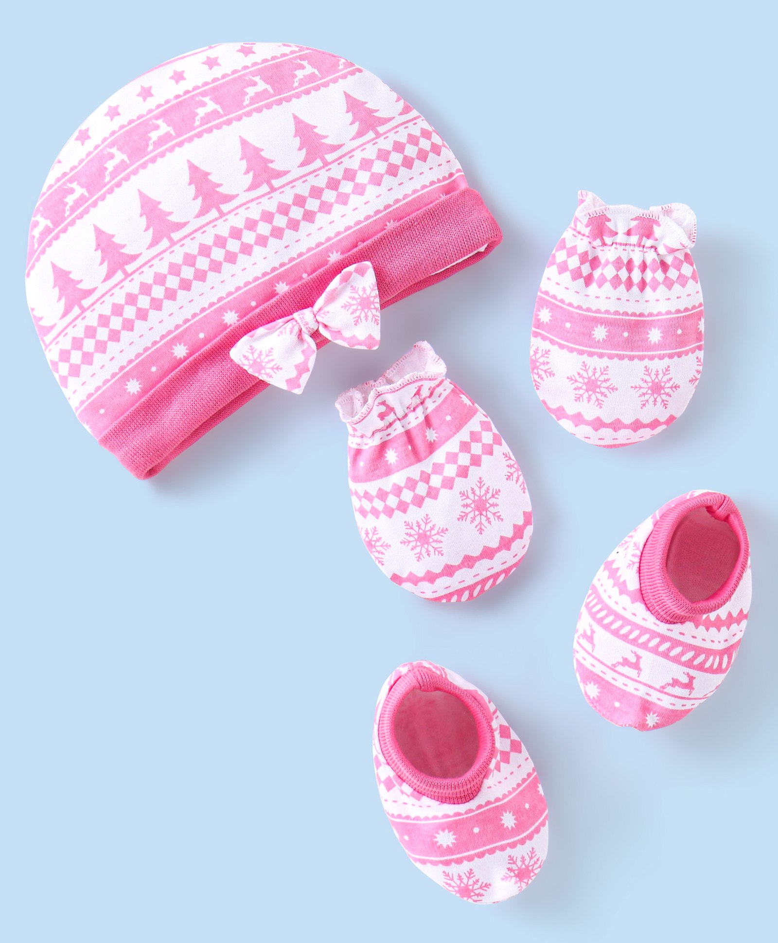 Babyhug 100% Cotton Knit Tree Print Cap Mittens & Booties - Pink-image-0