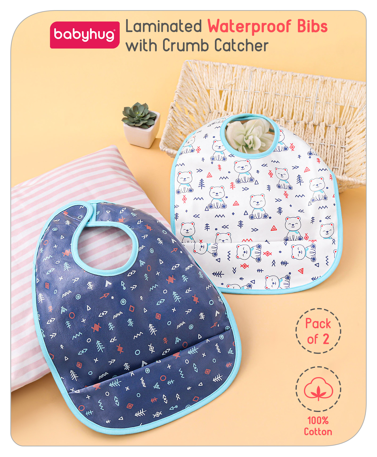 Babyhug 100% Cotton  TPU Lamination Waterproof Bibs with Crumb Catcher Teddy Print Pack of 2- Blue & White