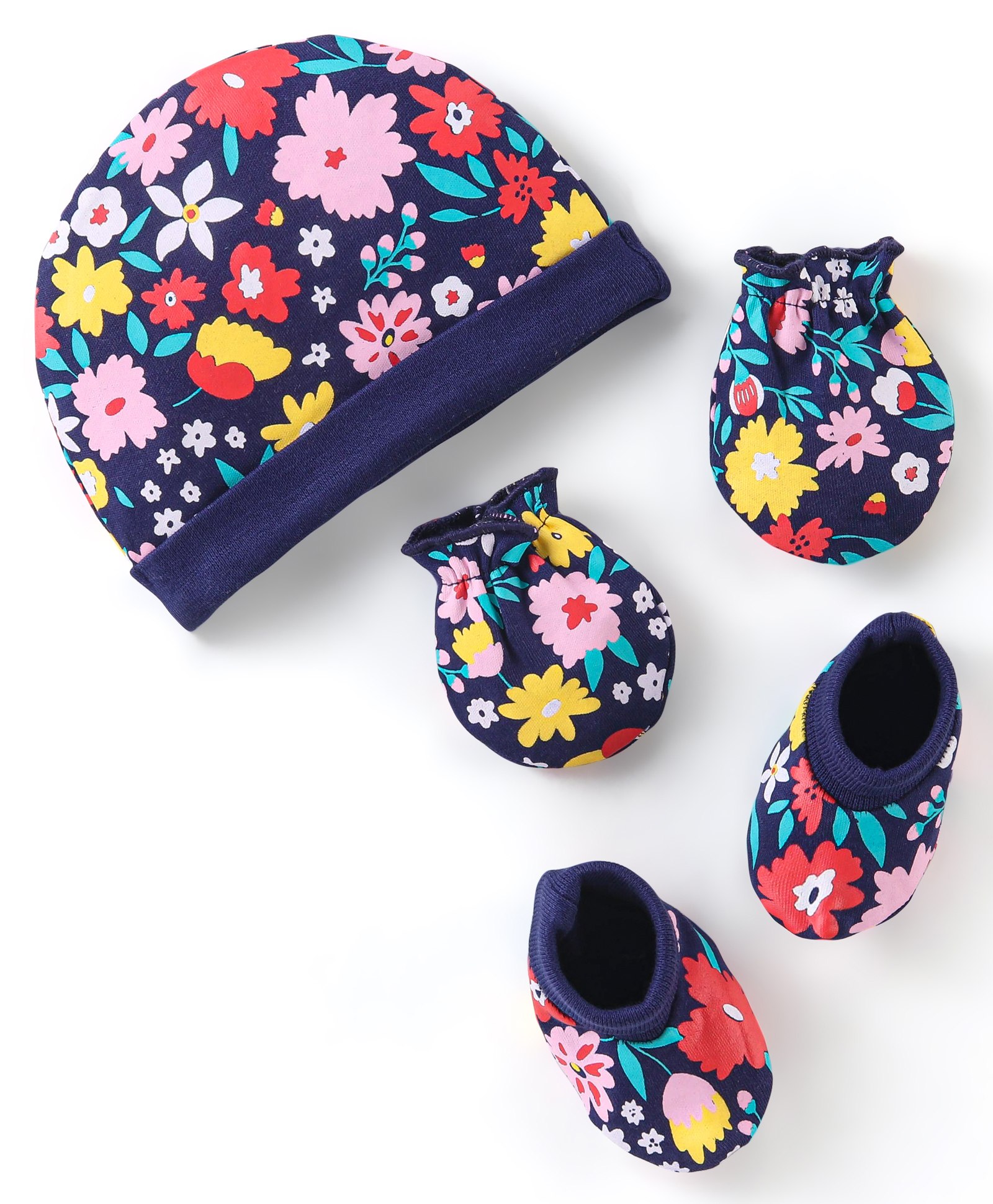 Babyhug 100% Cotton Knit Floral Print Cap Mittens & Booties - Navy Blue-image-17