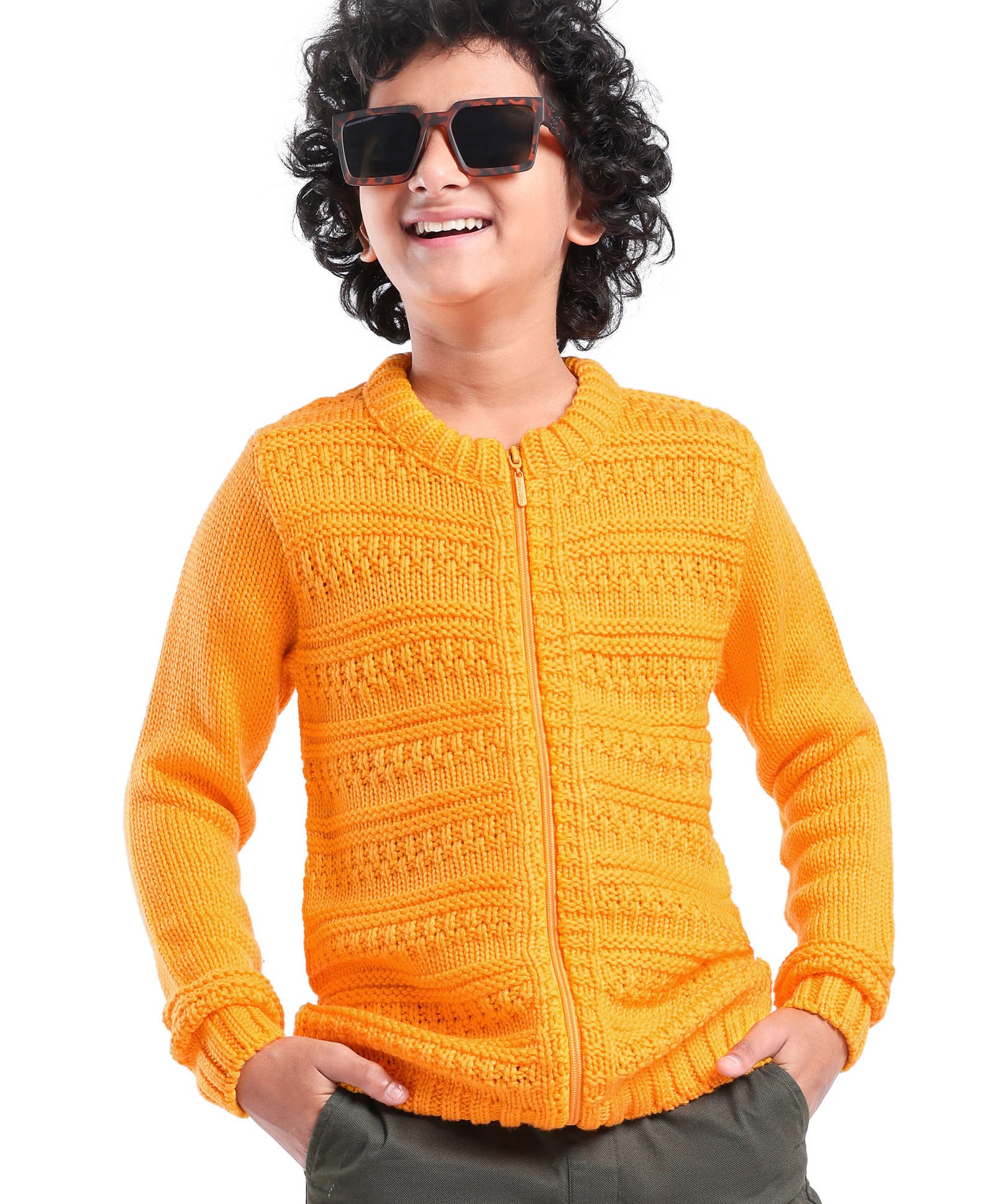 Pine Kids Full Sleeves Front Zipper Cable Knit Sweater - Mustard-image-45