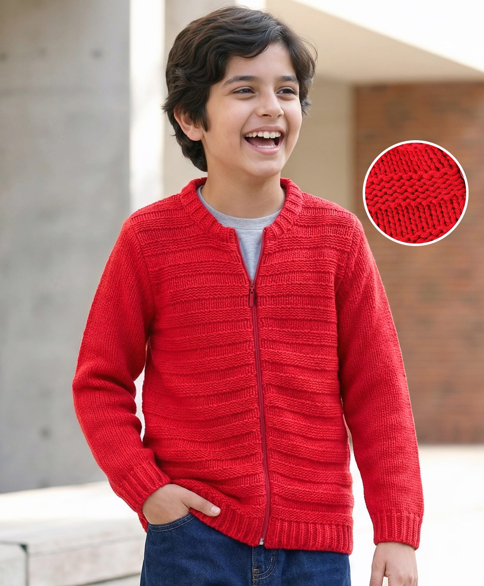 Pine Kids Full Sleeves Front Zipper Cable Knit Sweater- Red-image-44