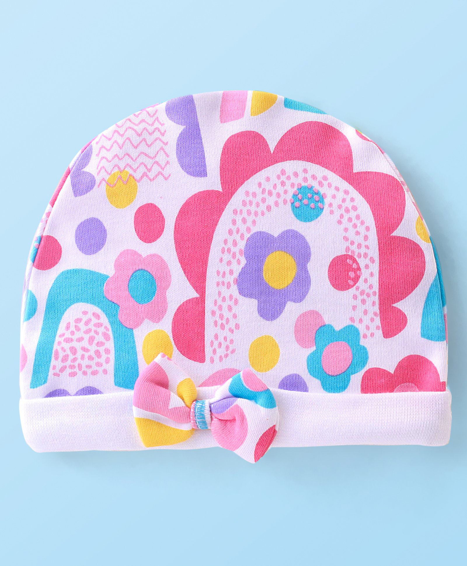 Babyhug 100% Cotton Knit Cap with Rainbow Print and Bow - Multicolour-image-24