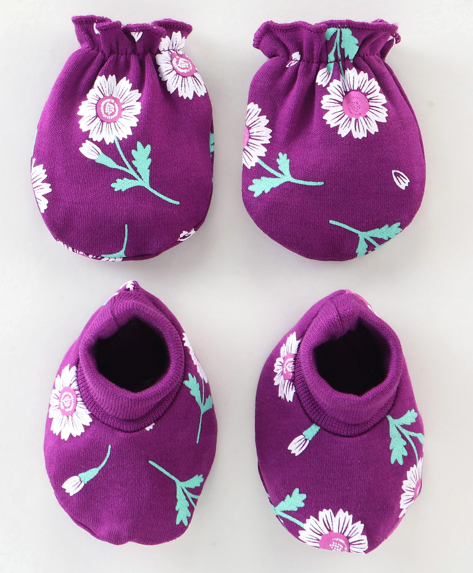 Babyhug 100% Cotton Knit Mittens & Booties Floral Print - Purple-image-24