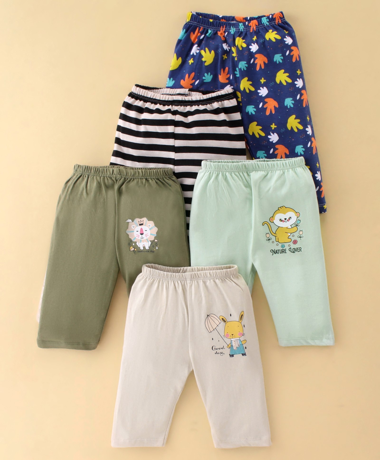 OHMS Cotton Jersey Knit Full Length Lounge Pants Stripes & Lion Print Pack of 5 - Green Blue & Black-image-15
