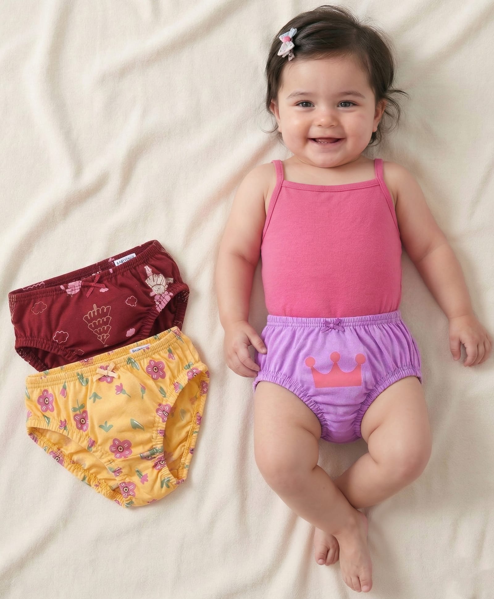 Babyoye Eco Conscious Cotton Knit Panties Floral Print Pack of 3 - Red Yellow and Pink-image-41