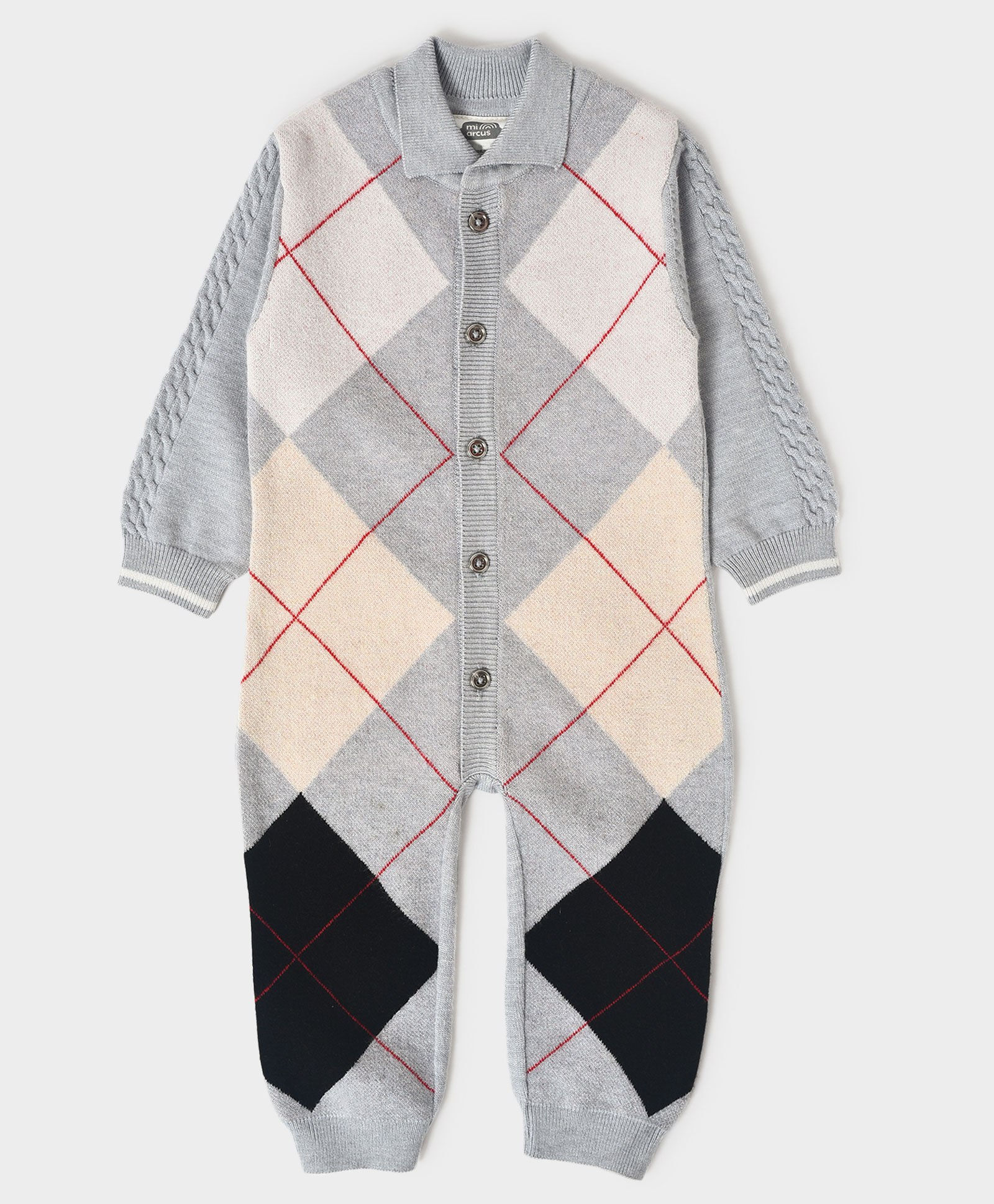 Mi Arcus Baby Boy Full Sleeves Argyle Checked Sleep Suit Grey-image-45