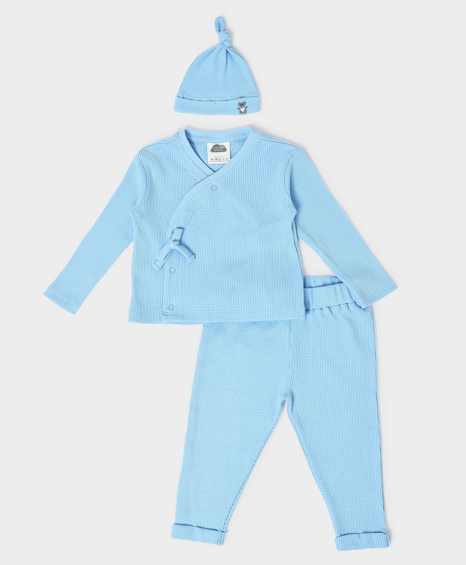 Mi Arcus Unisex Cotton Full Sleeves Solid Self Design Tee With Coordinating Pajama & Cap Wrapover Set Sky Blue-image-7
