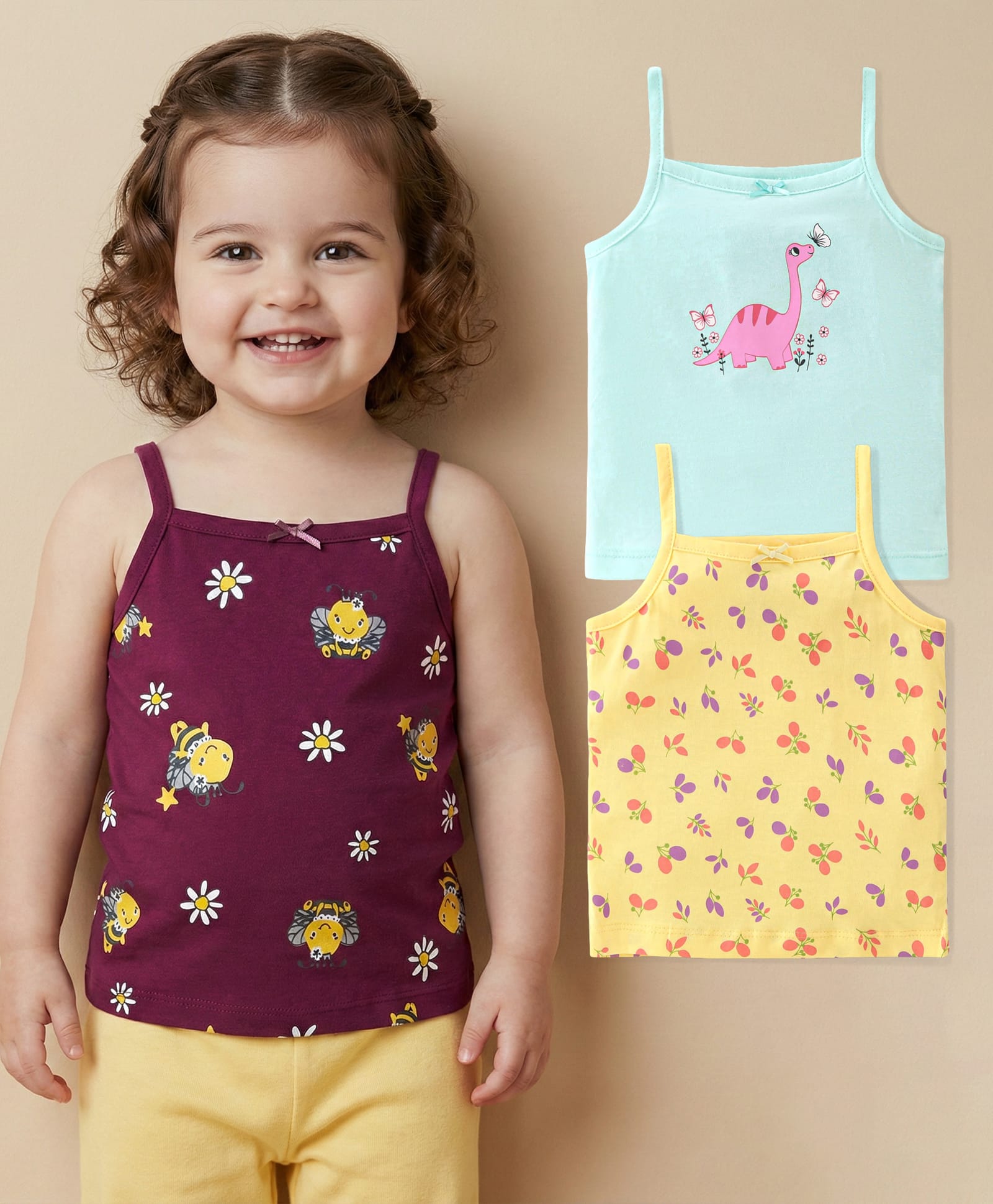 Babyoye Eco Conscious Cotton Sleeveless Slips Dino Print Pack of 3 -Yellow Blue & Maroon-image-9