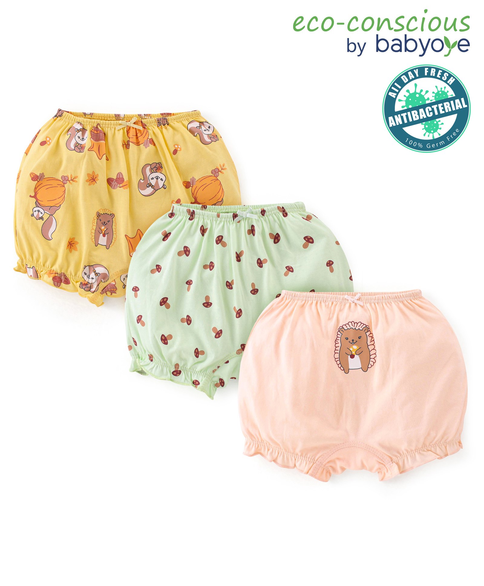 Babyoye Eco Conscious Cotton Bloomers Animal Print Pack of 3 - Yellow Blue and Pink-image-20