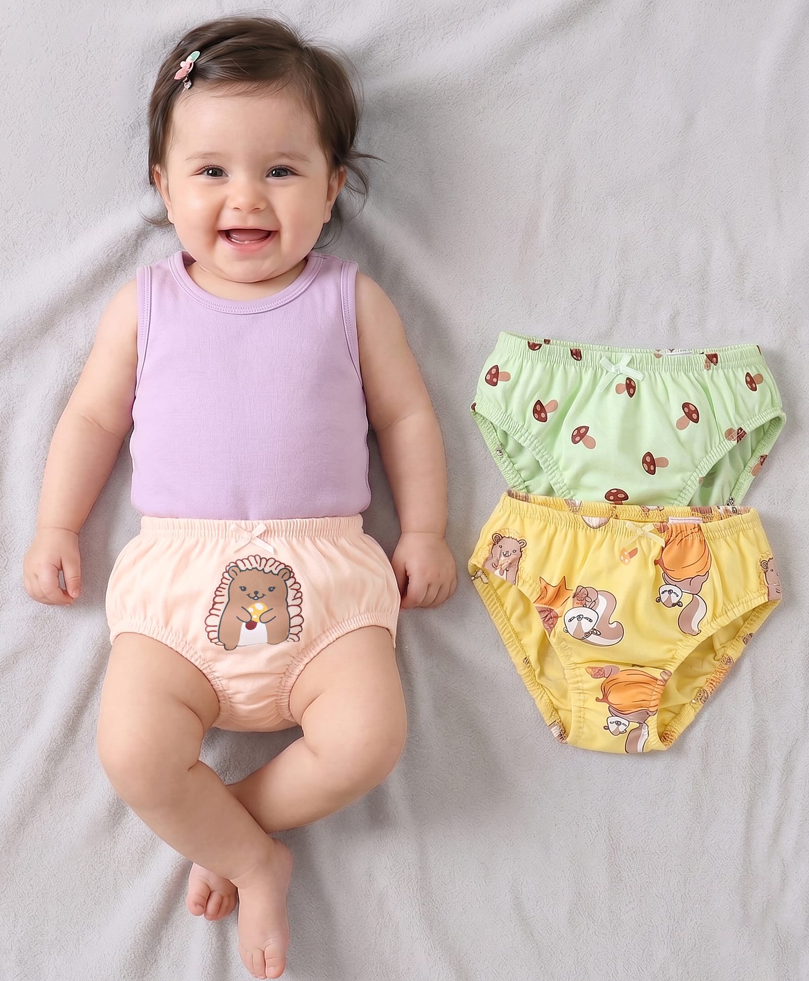 Babyoye Cotton Knit Eco Conscious Panties Animal Print Pack of 3 - Green Yellow and Pink-image-41