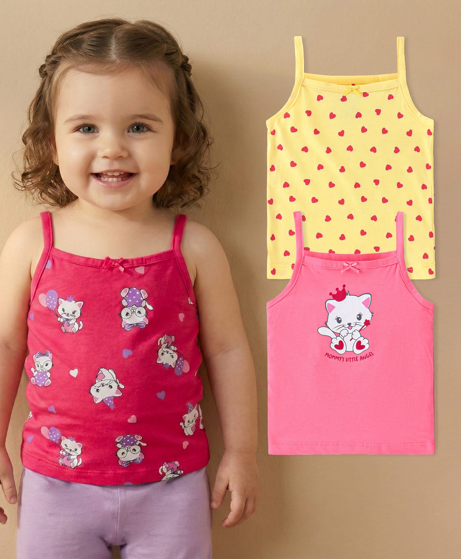 Babyoye Eco Conscious Cotton Sleeveless Slips With Heart & Kitty Print Pack Of 3 - Pink & Yellow-image-43