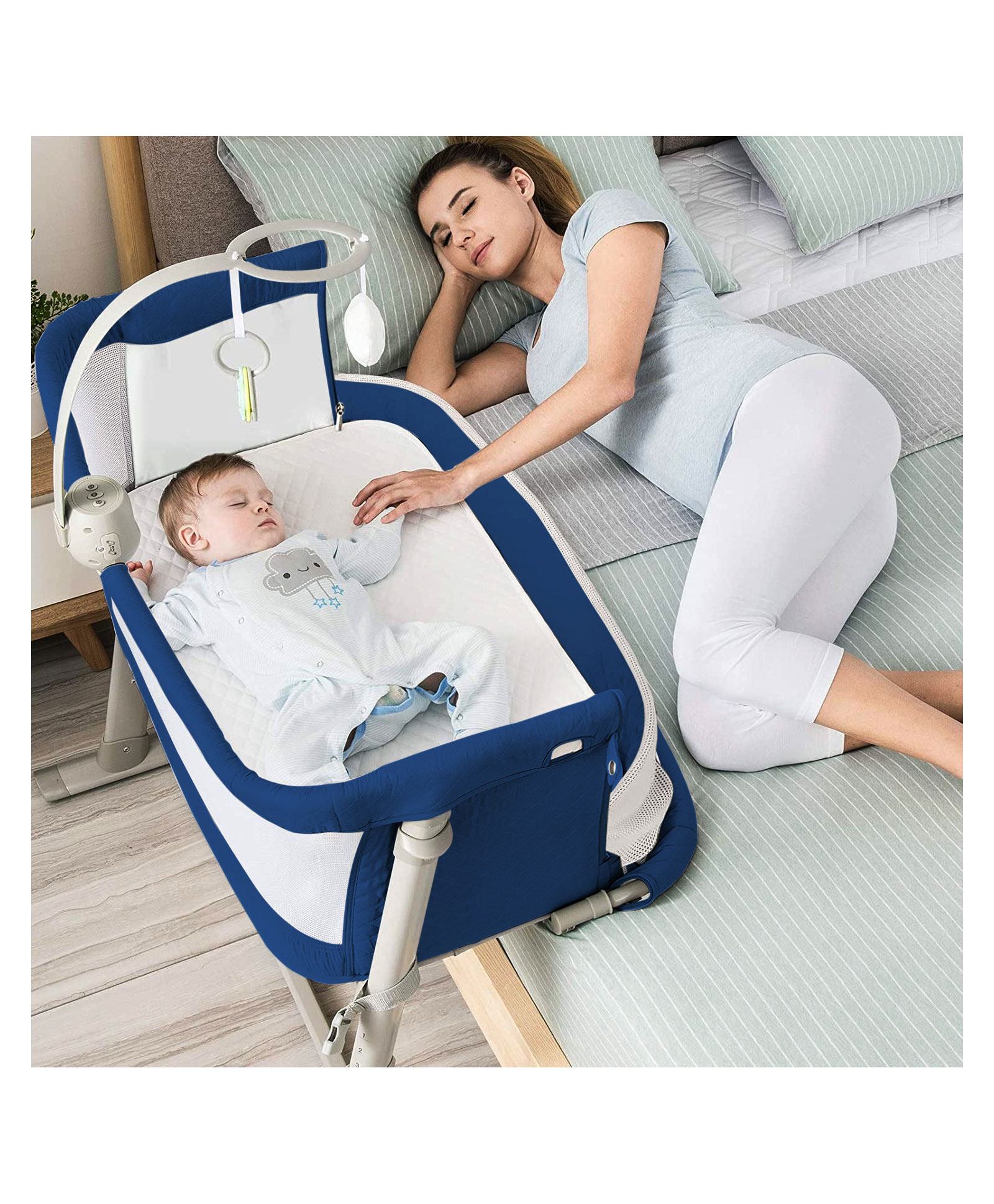 BAYBEE Metal Cradella Cradle For Baby Cot, Bedside Crib With Adjustable Height & Wheels, Baby Bassinet With Mosquito Net, Baby Crib With Toys & Extra Soft Cushion - Navy Blue-image-39