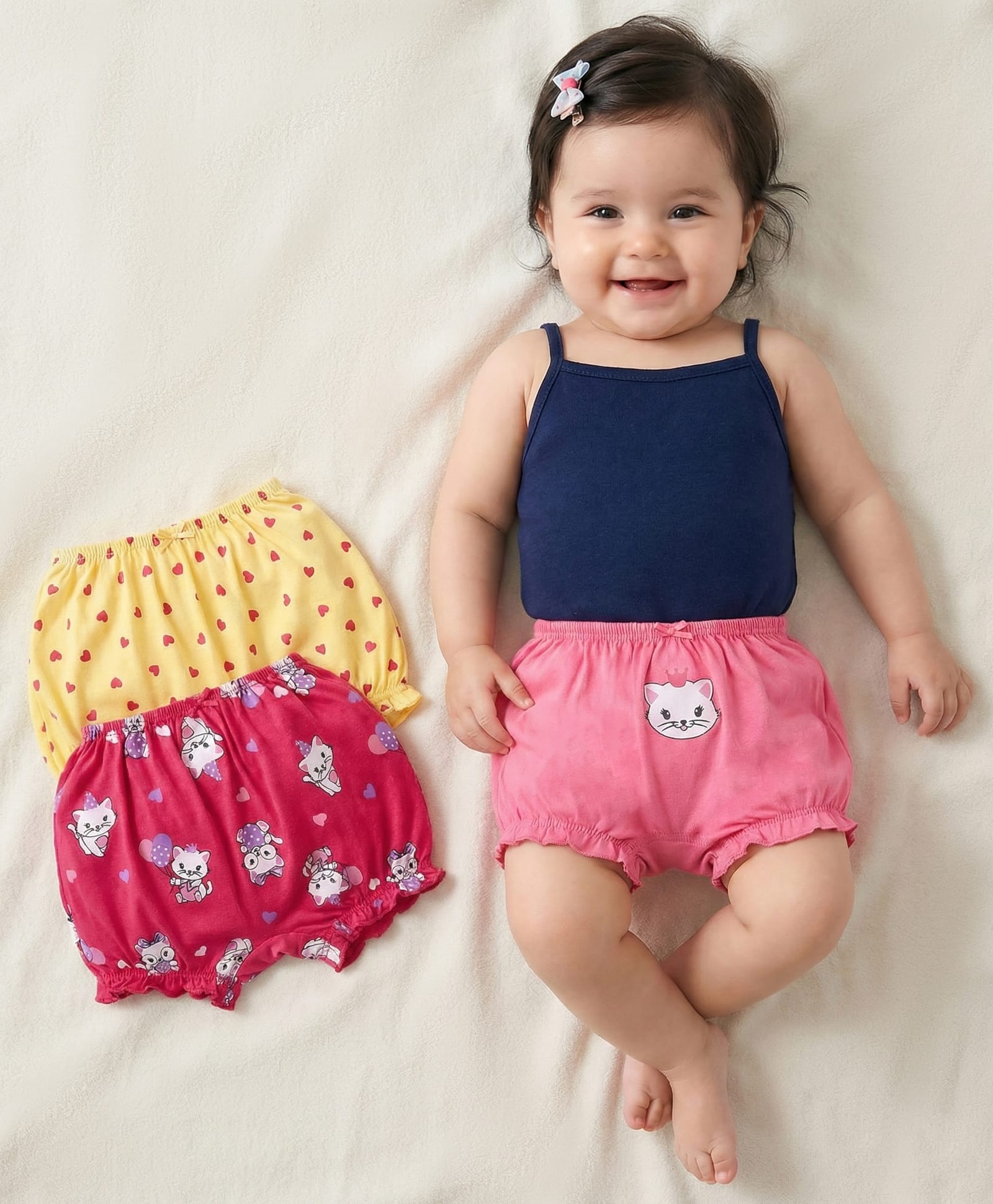 Babyoye Cotton Knit Eco Conscious Kitty & Heart Print Bloomers Pack of 3 - Pink Yellow & Red-image-42