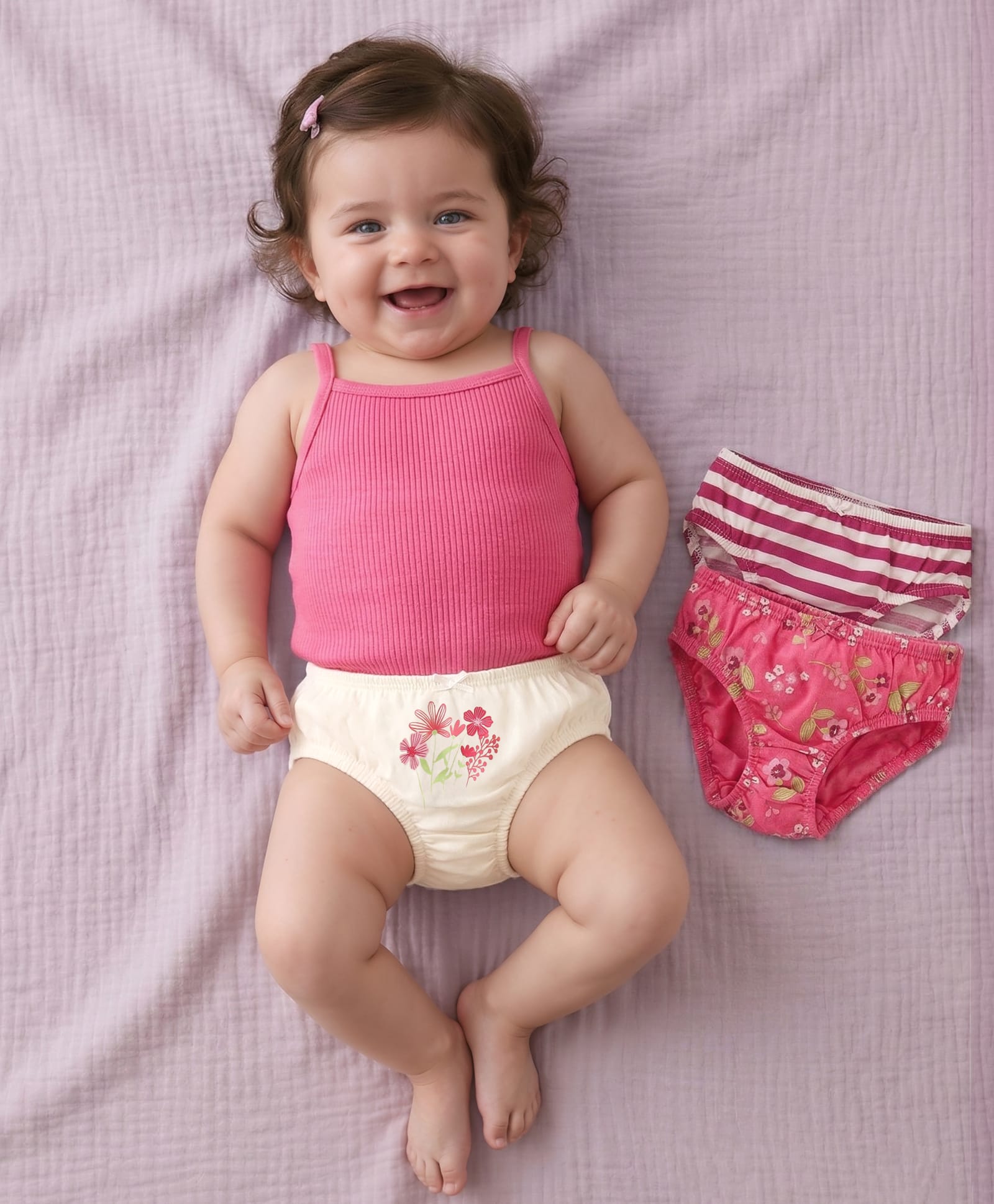 Babyoye Cotton Knit Eco Conscious Panties with Striped & Floral Print Pack of 3 - White & Pink-image-48