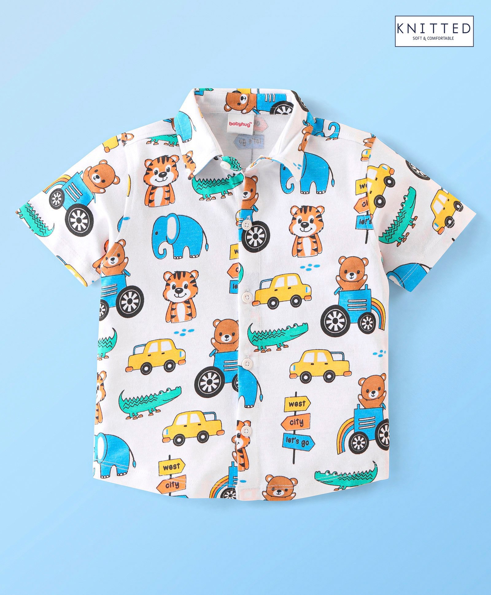 Babyhug 100% Cotton Knit Half Sleeve Regular Collar Tiger Printed Shirt - White-image-29
