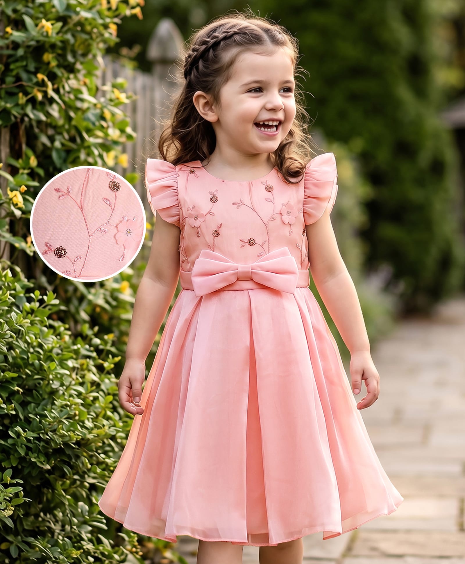 Mark & Mia Sleeveless Party Frock With Floral Embroidery & Bow Applique - Pink-image-8