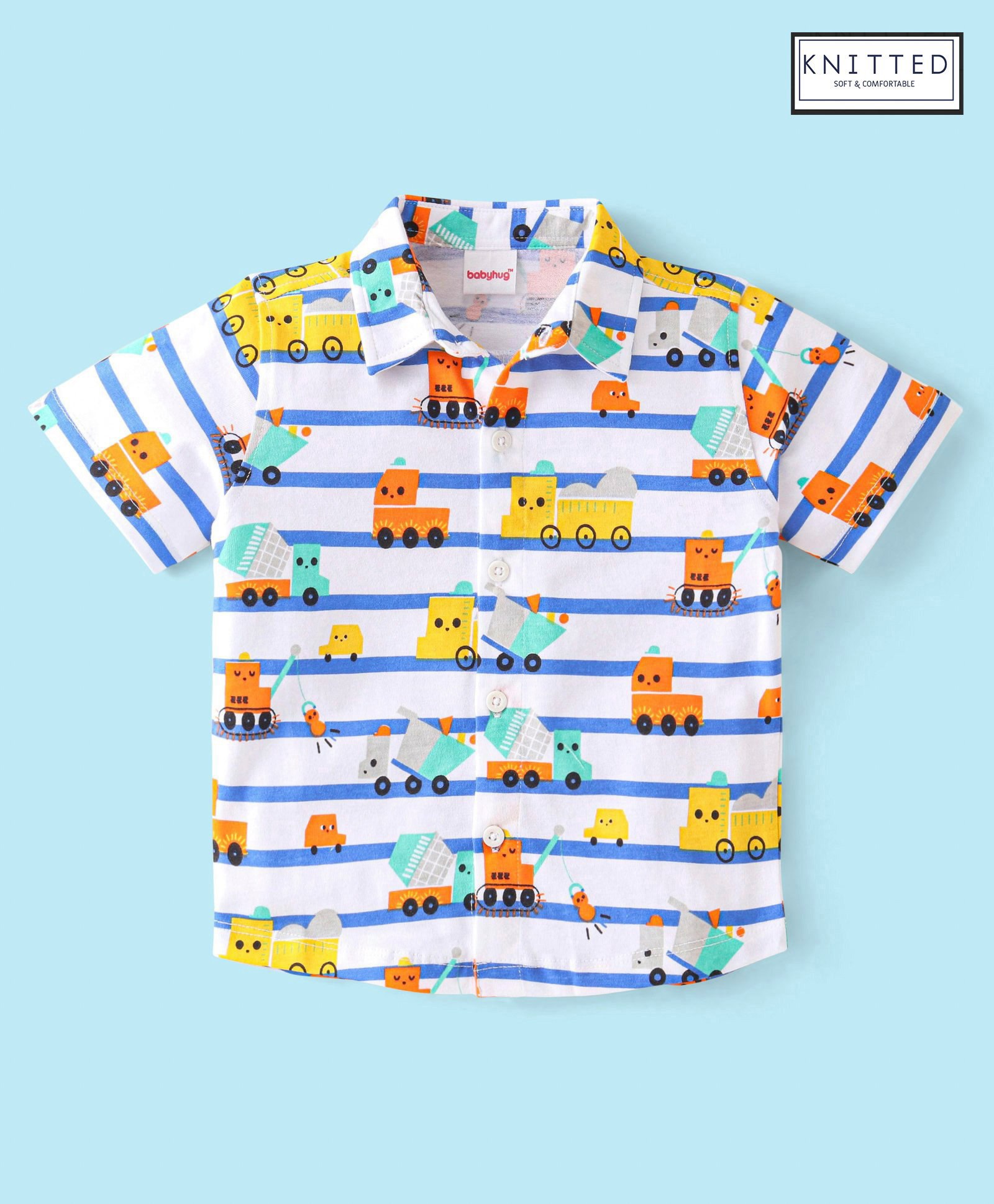 Babyhug 100% Cotton Knit Half Sleeve Regular Collar Car Printed  Shirt - White-image-33