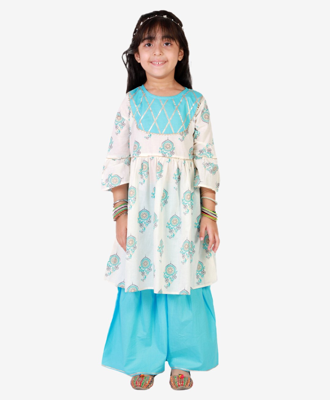 Superminis Three Fourth Bell Sleeves Ethnic Motif & Lace Embellished Kurta Set - Blue-image-23