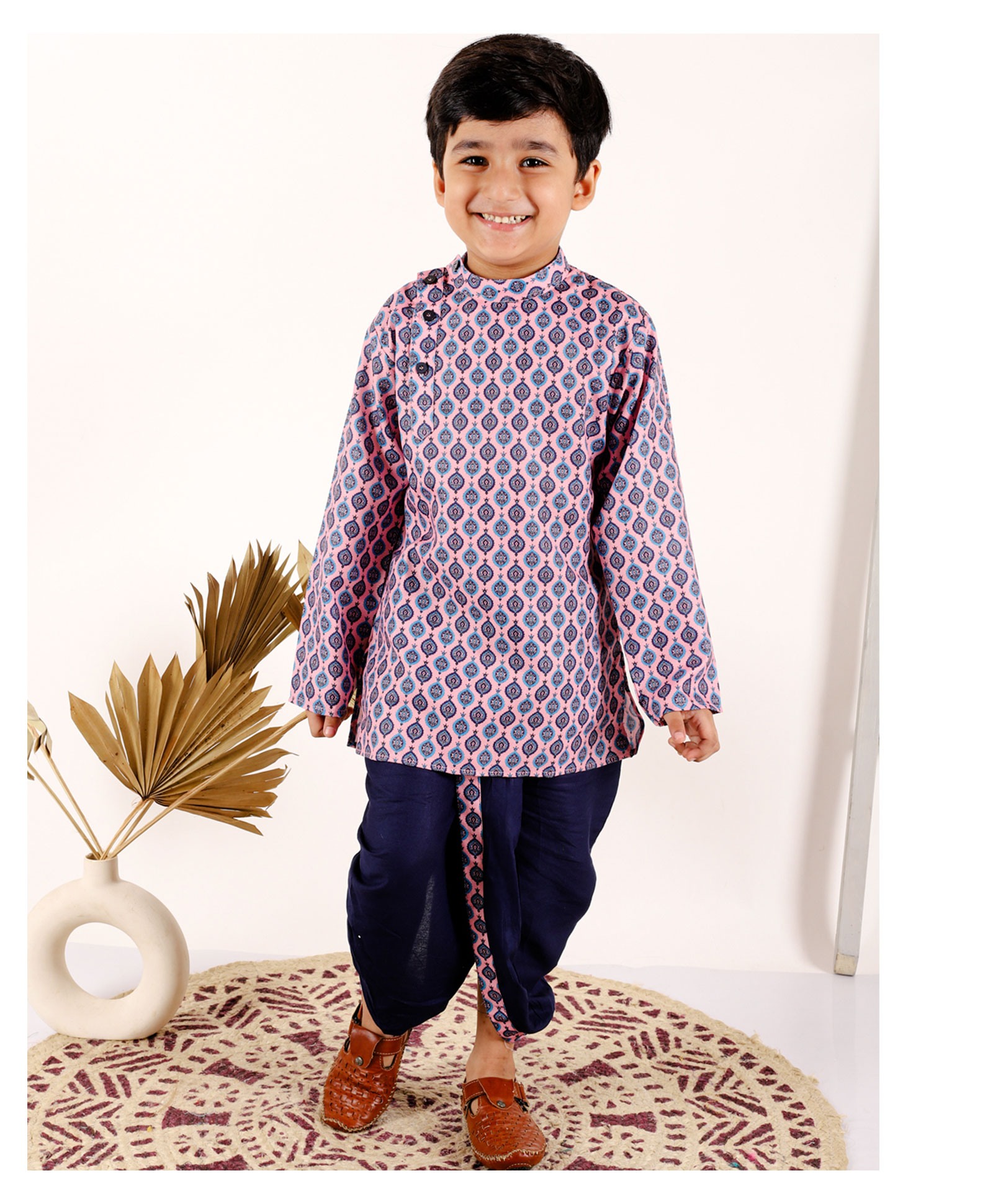Superminis Full Sleeves Intricate Motif Design Printed Kurta With Dhoti - Pink & Blue-image-40