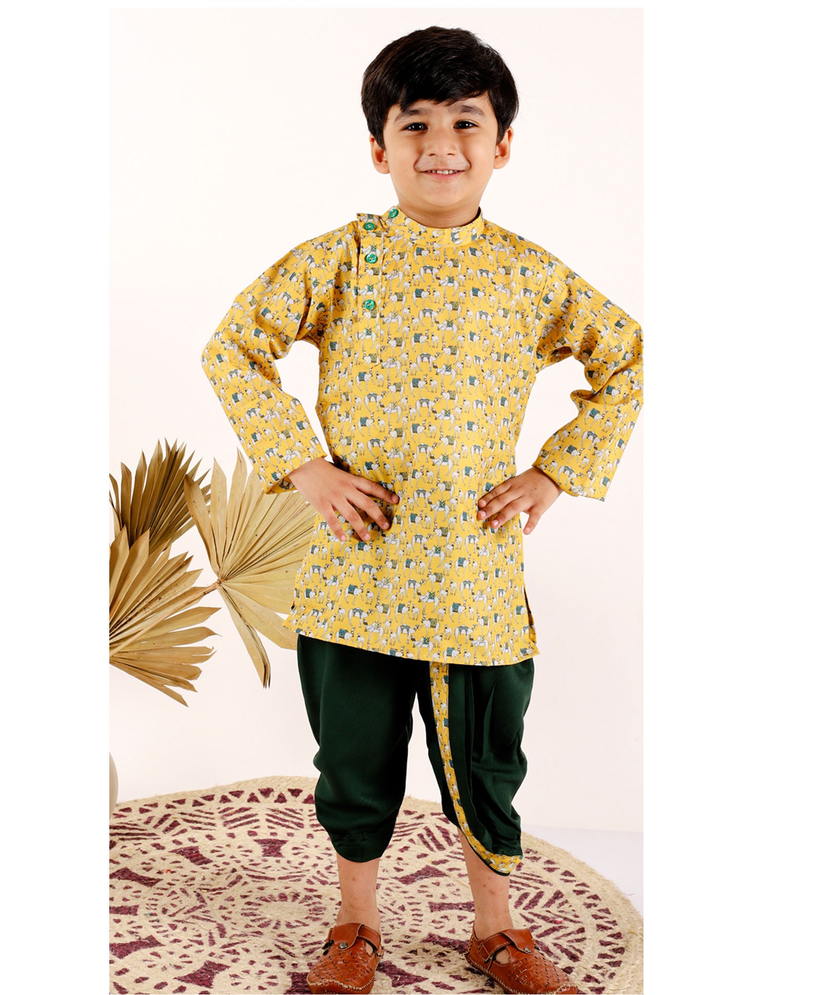 Superminis Full Sleeves Camel Printed Kurta With Dhoti - Yellow & Green-picture-43