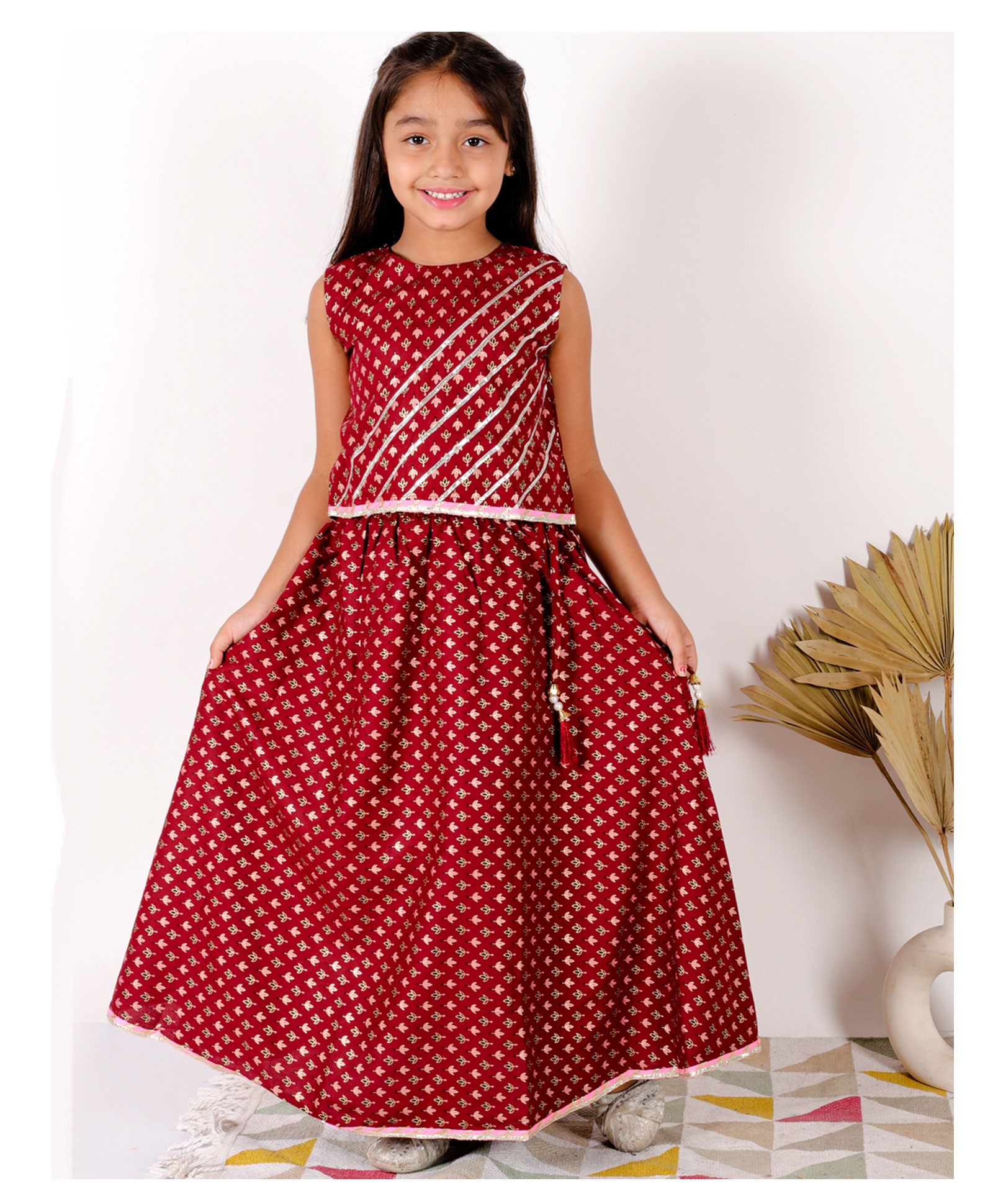 Superminis Rayon Sleeveless Floral Motif Sanganeri Printed & Lace Embellished Lehenga Choli Set - Maroon-picture-14
