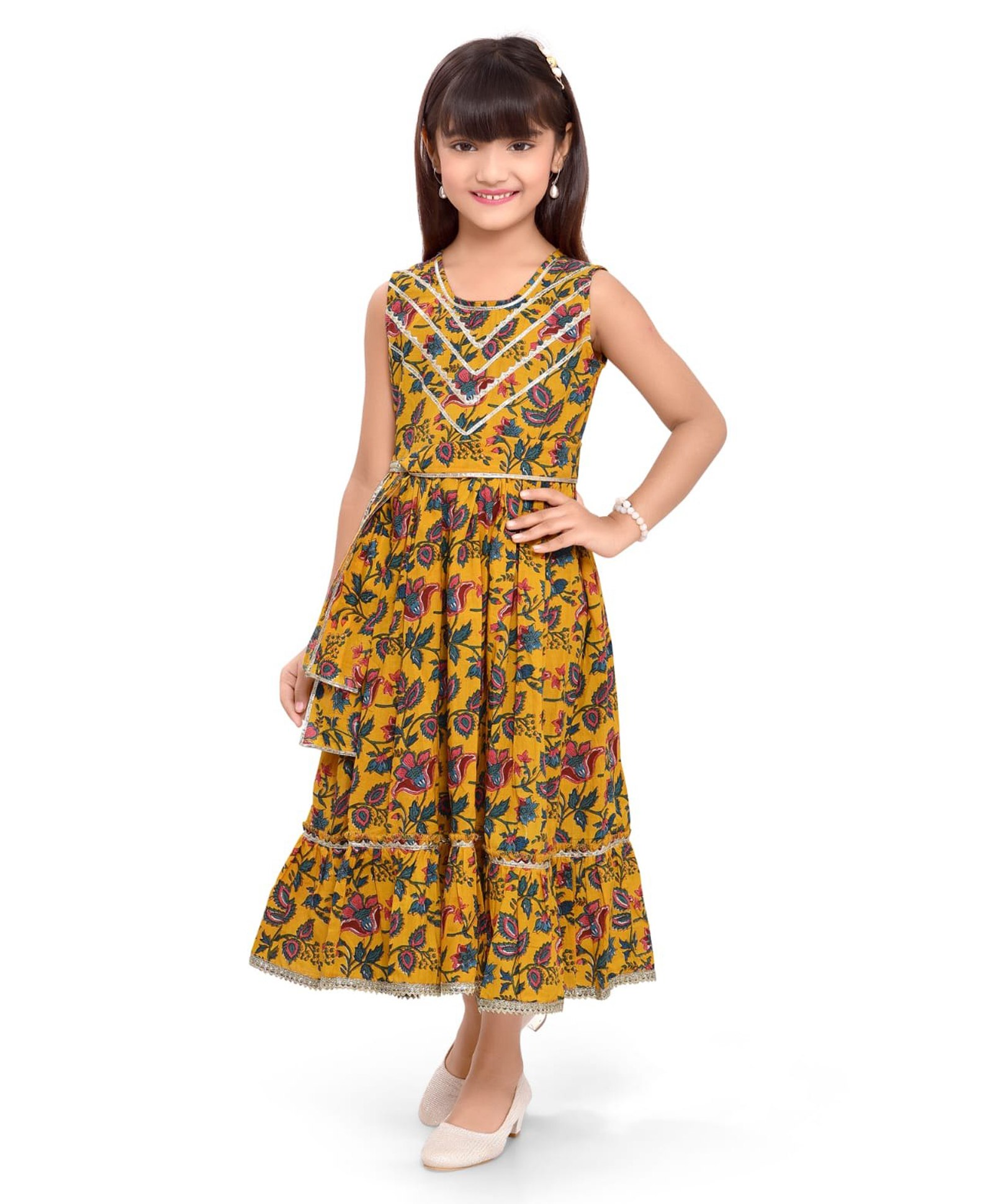 Teentaare Cotton Sleeveless Ethnic Dresses With Floral Print - Yellow-image-33