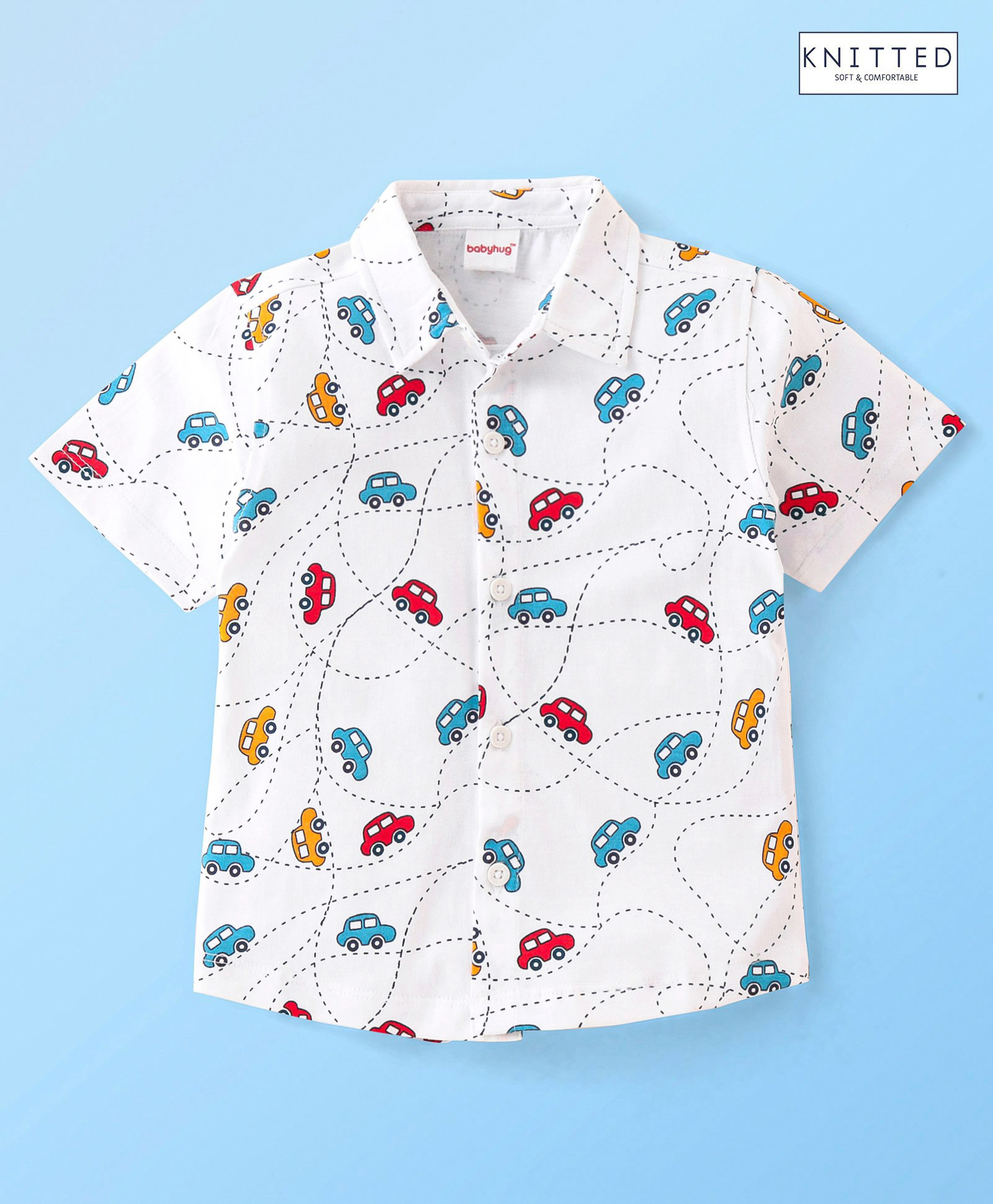 Babyhug 100% Cotton Knit Half Sleeve Regular Collar Car Printed Shirt - White-image-31