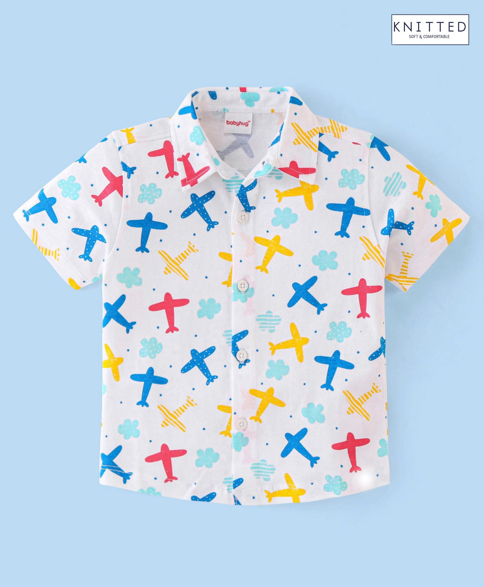 Babyhug Cotton Knit Half Sleeves Airplane Printed Regular Shirt - White-image-29