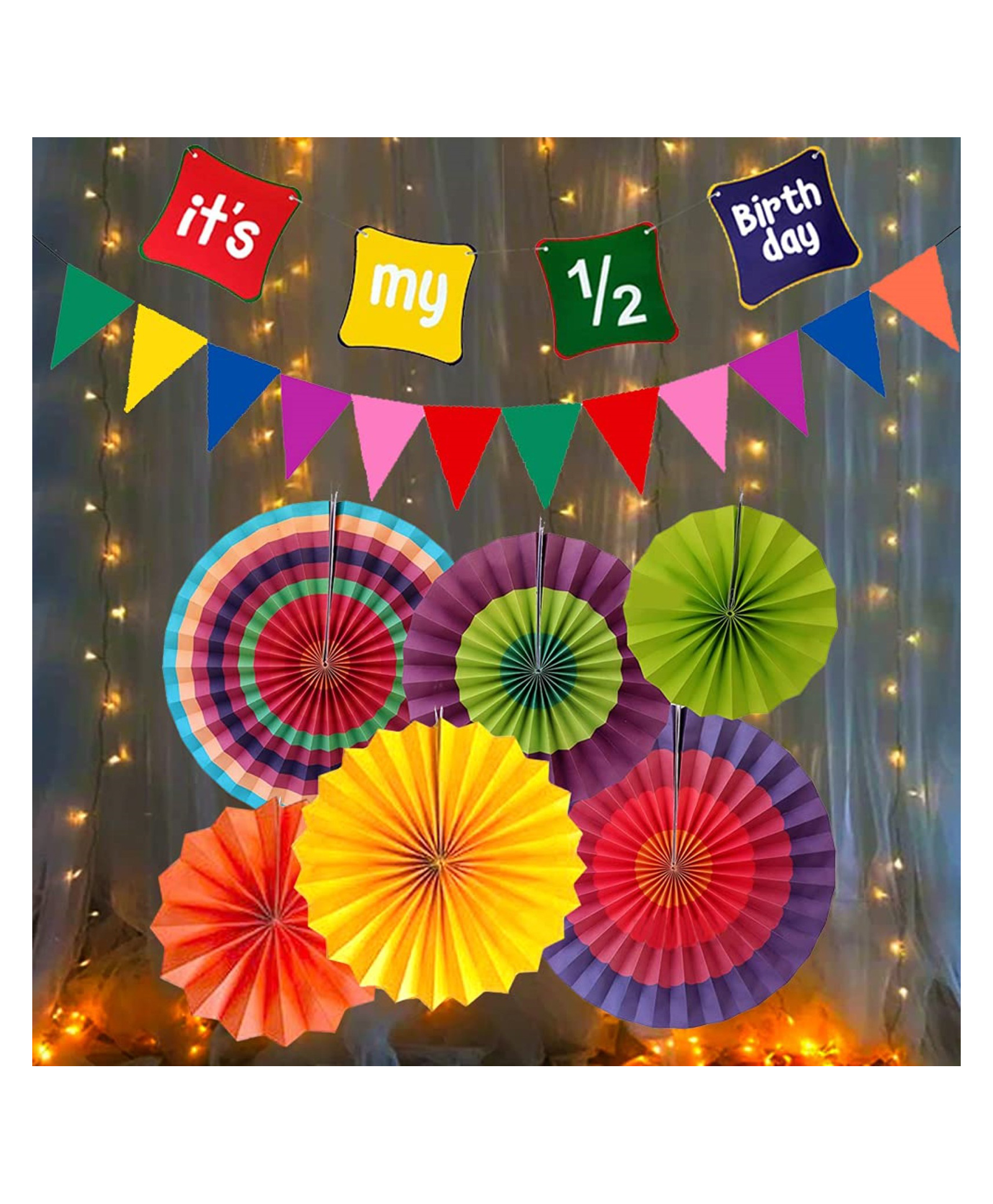 Bubble Trouble  6 Months Happy Birthday Banner Led Light Bunting Flag & Papper Fan - Pack of 9-image-7