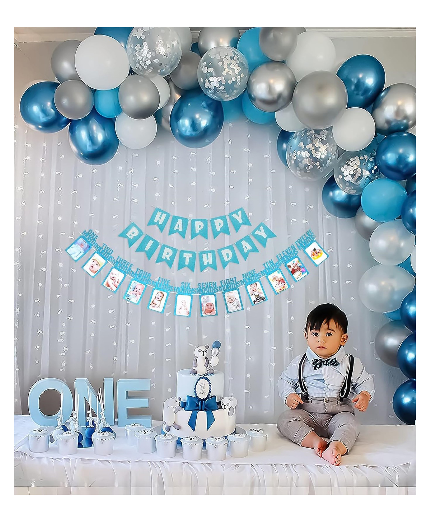Bubble Trouble 1st Birthday Decoration With Monthly Photo Banner Net Fabric Backdrop Diy Combo Set With Balloon Garland Arch Tape Fairy Led Lights - 67 Pc Combo-image-30