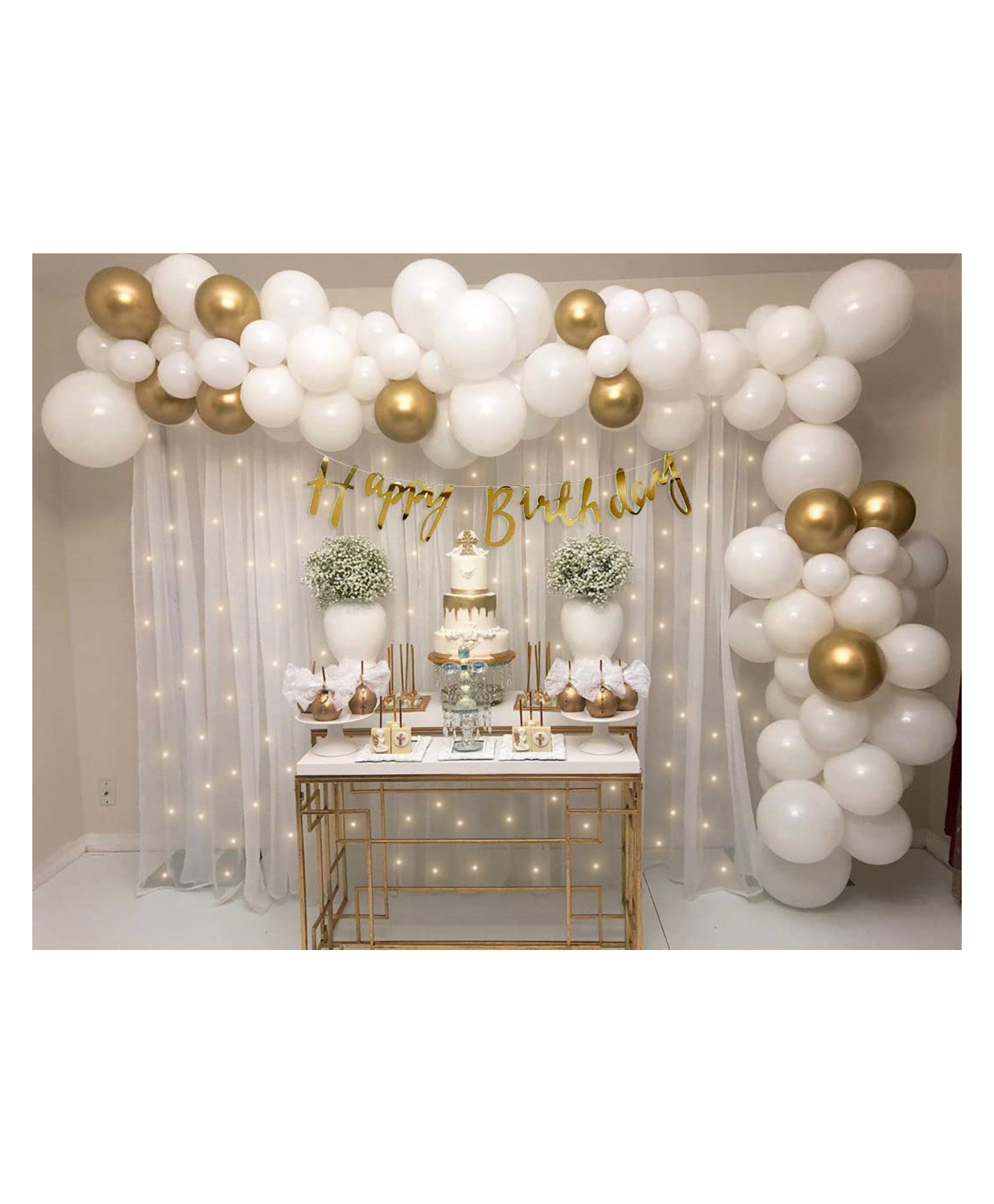 Bubble Trouble  White Gold Birthday Decoration Items with Tulle White Net Curtain Cloth Backdrop Happy Birthday Banner - 69 pcs-image-44