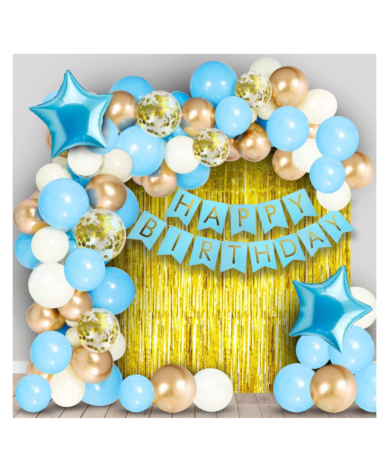 Bubble Trouble Light Blue With Golden Happy Birthday Decoration Items Kit Combo Set Birthday Bunting Golden Foil Curtain Metallic Confetti Balloons With Hand Balloon Pump And Glue Dot - 63 Pieces-picture-13