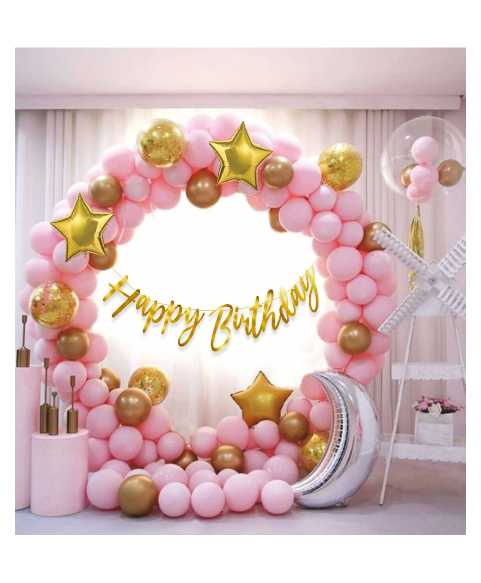 Bubble Trouble  65 pc Pastel Pink Birthday Decoration Kit Pink Gold Balloons Combo with Birthday Banner Arch Glue Dot Balloon Pump Birthday Decorations-image-8