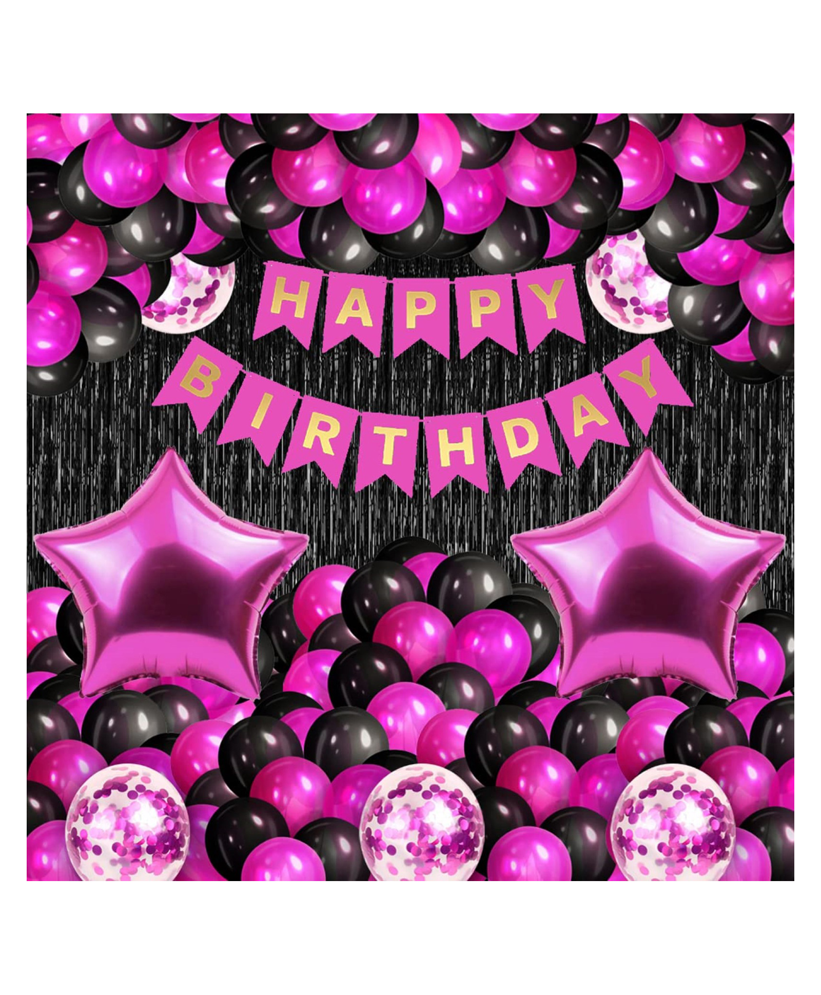 Bubble Trouble  Happy Birthday Party Decoration Combo Set Contains Banner Confetti Metallic Balloons Foil Fringe Curtain Pink & Black Pack of 33 Pcs-image-12