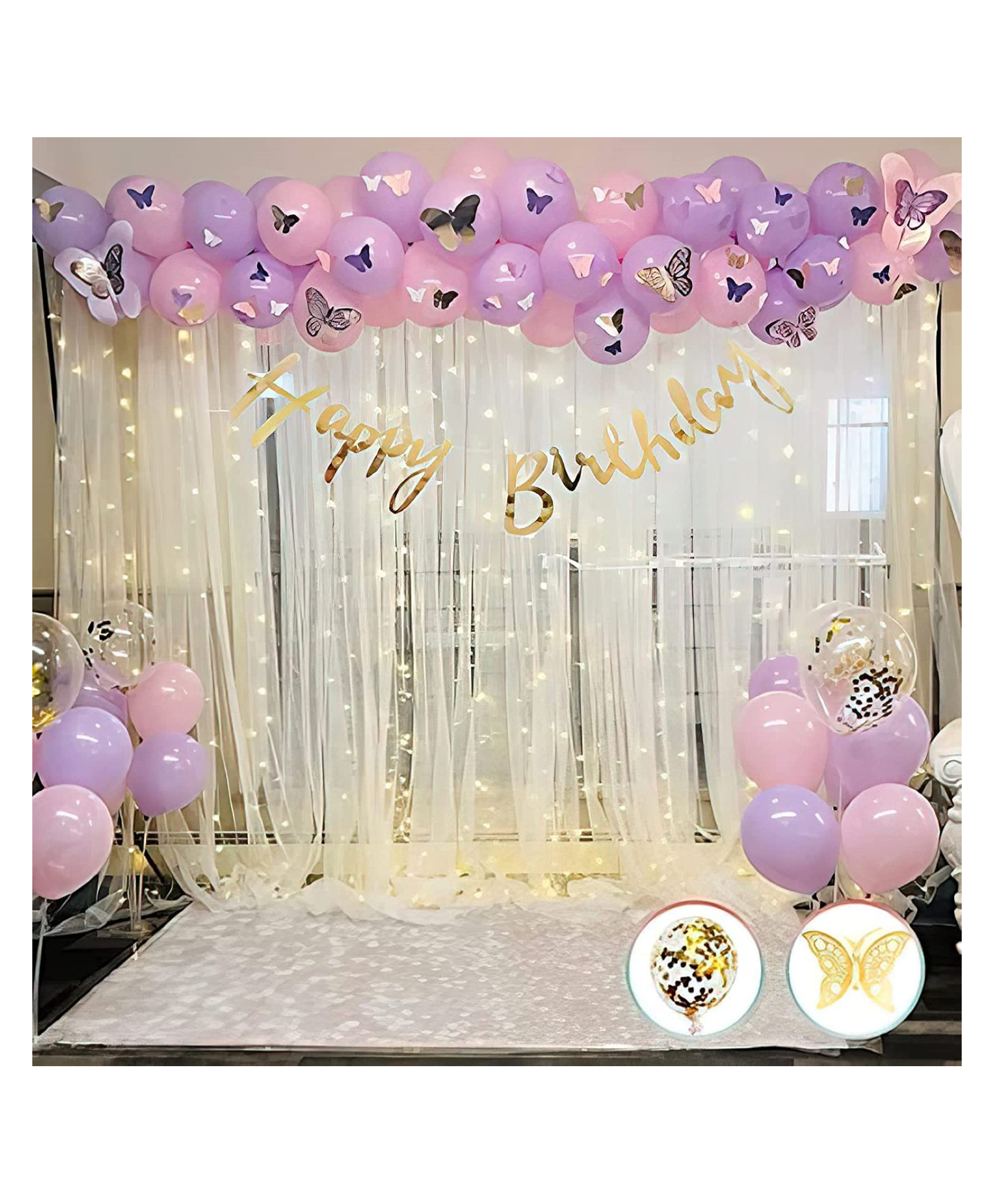 Bubble Trouble Birthday Decoration Butterfly Theme Diy Combo Kit With White Net Curtain Cloth & Fairy Lights - 83 Pcs-image-38