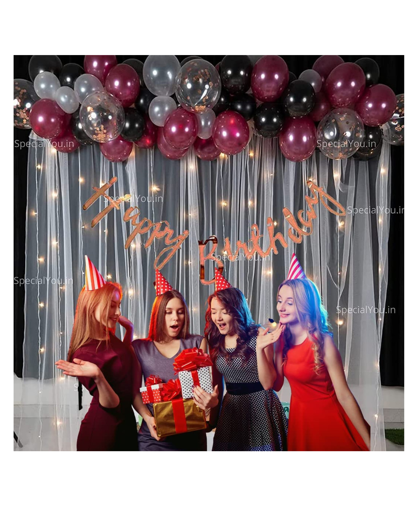 Bubble Trouble  Birthday Maroon & Black Decoration Diy Combo Kit With White Net Curtain Cloth & Fairy Lights - 60 Pcs-image-39