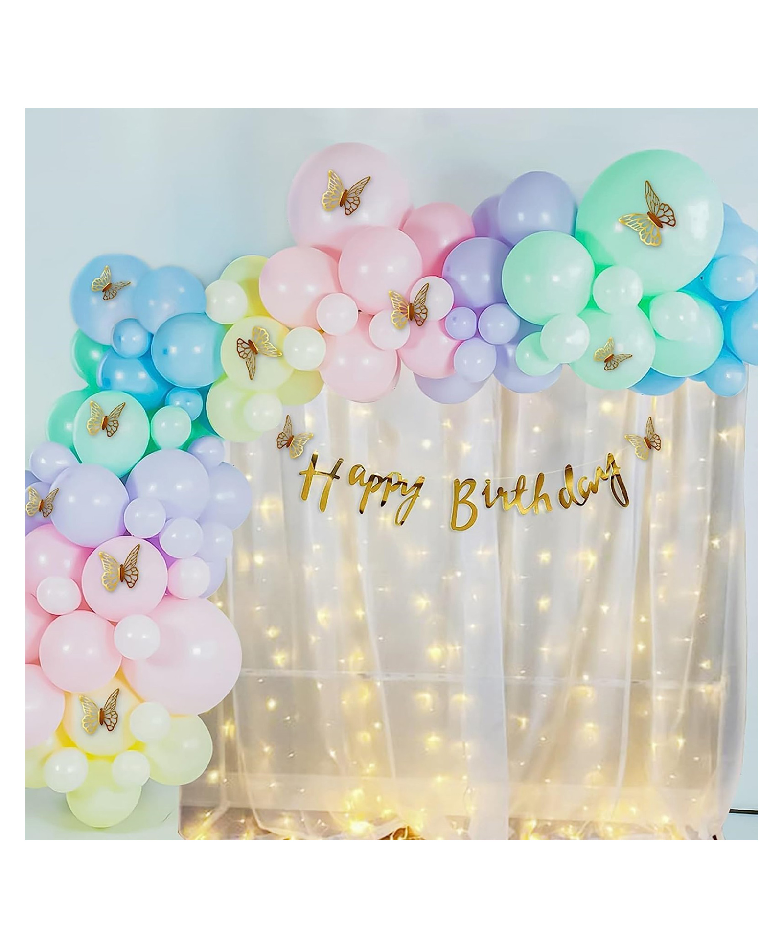 Bubble Trouble  Pastel Rainbow Butterfly Theme Birthday Party Decorations Combo Kit White Net Curtain Cloth With Fairy Lights & 3d Gold Butterfly Birthday Decoration For Girls-81 Items-image-15
