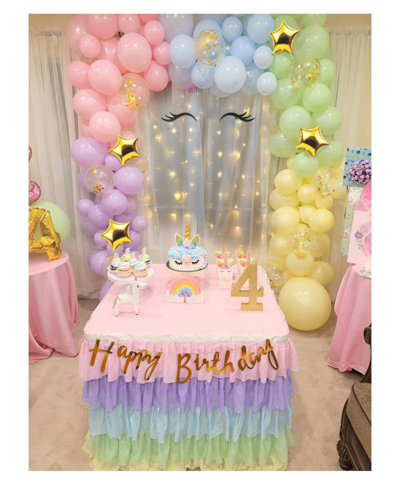 Bubble Trouble  Pastel Theme Birthday Decoration Items With Net Curtains, Led Light Confetti Balloons Star Foil Balloons & Pastel Multicolor Balloons Set- 77 Items-image-41