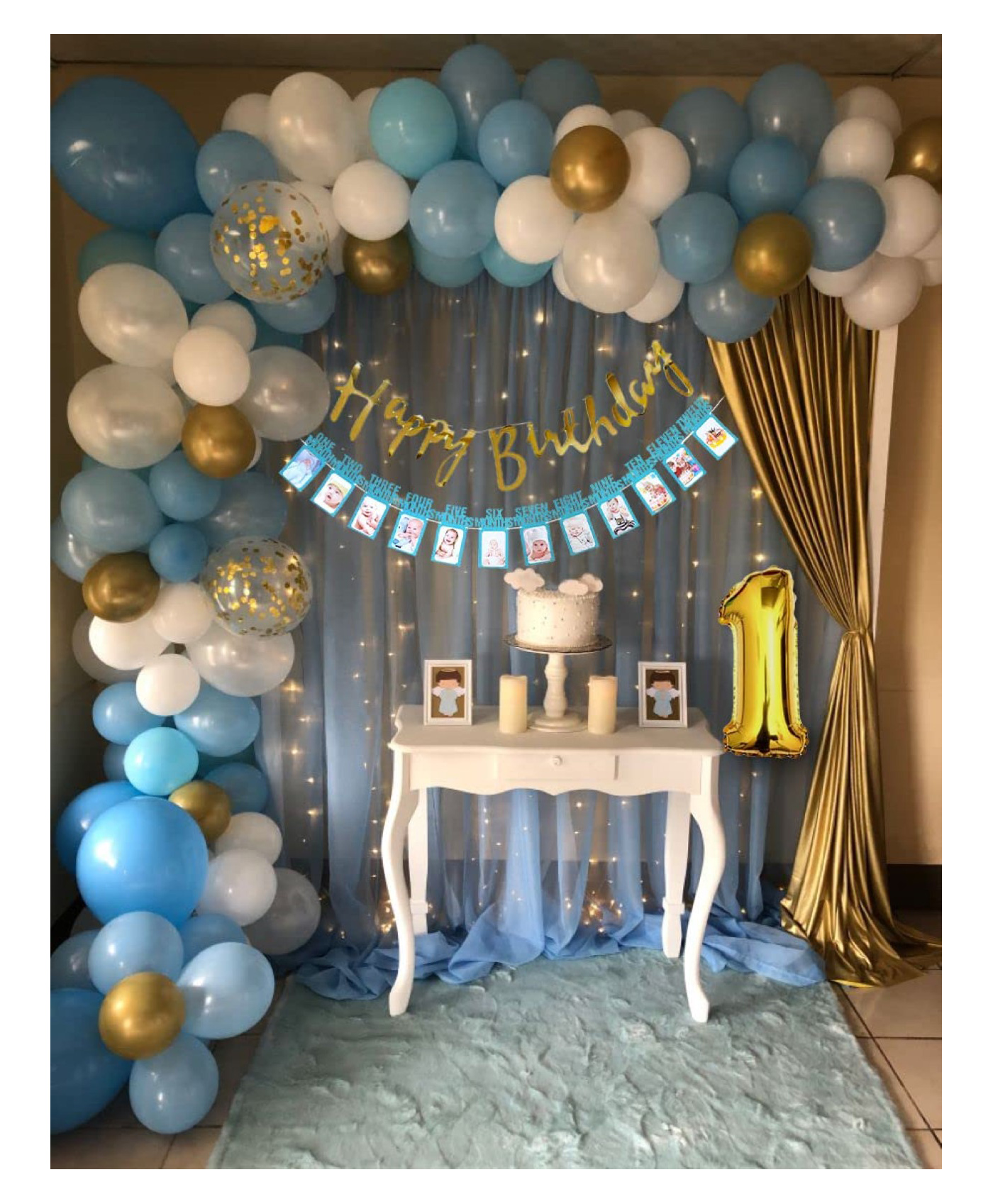 Bubble Trouble 1st Happy birthday Decoration items for Boys with Net Fabric Backdrop - Pack of 89 Items-picture-12