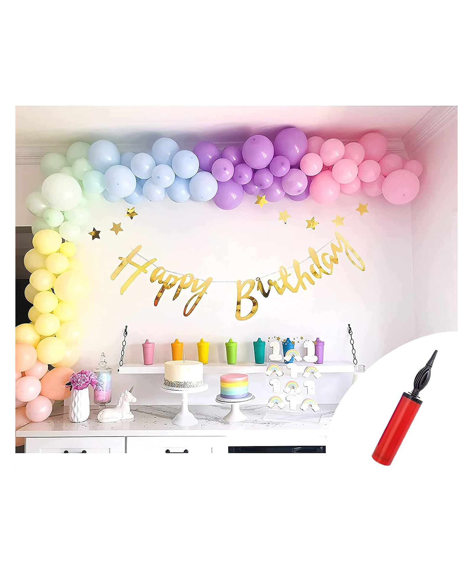 Bubble Trouble Pastel Rainbow theme Birthday Decoration items pastel balloons for party for DIY Combo Set with Air balloon Pump - 54 pcs-image-37