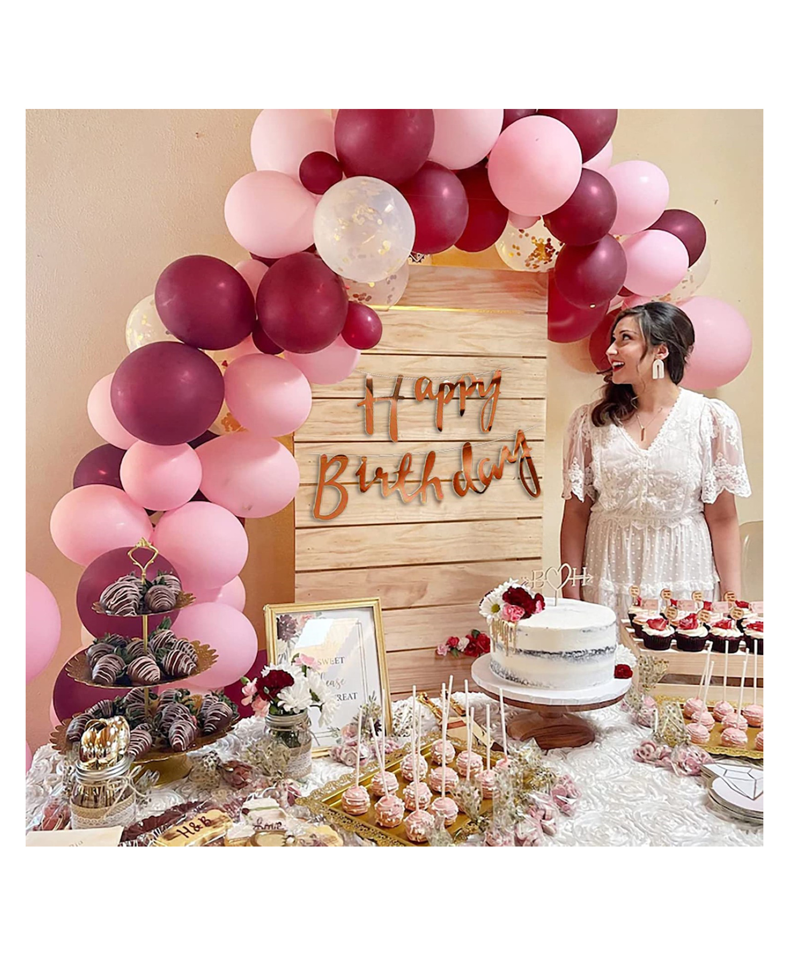 Bubble Trouble Happy Birthday Decoration Items For Girls With Burgundy & Pink Balloons Rose Gold Confetti & Rose Gold Happy Birthday Banner Decoration Items For Birthday Party Party Pack Of 45 Items-picture-17